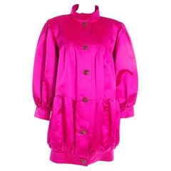 1980s Nina Ricci Hot Pink Silk Satin Oversized Coat or Dress W Crystal Buttons