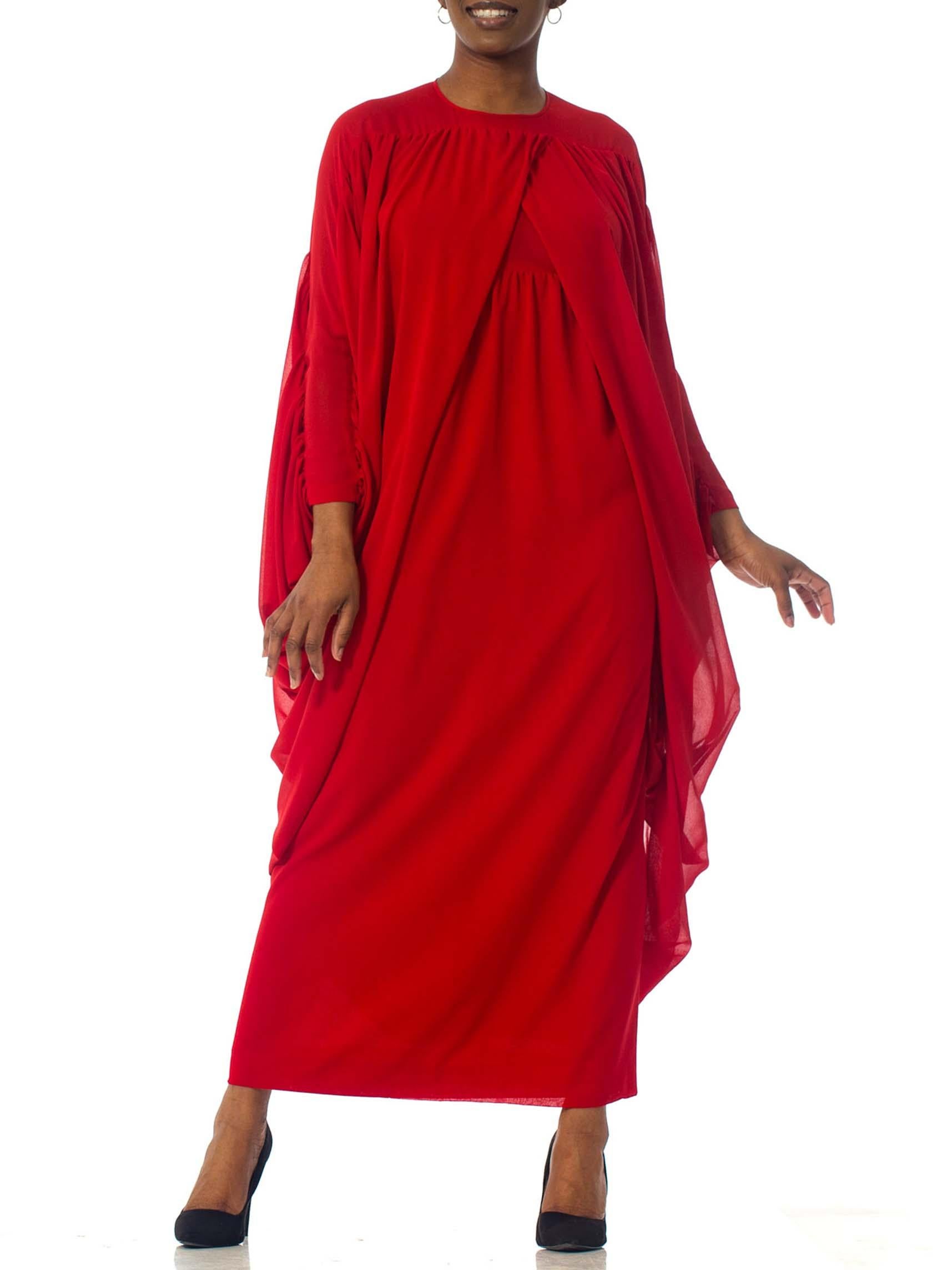 1980S LANVIN Lipstick Red Polyester Chiffon Giant Draped Sleeve Gown In Excellent Condition For Sale In New York, NY