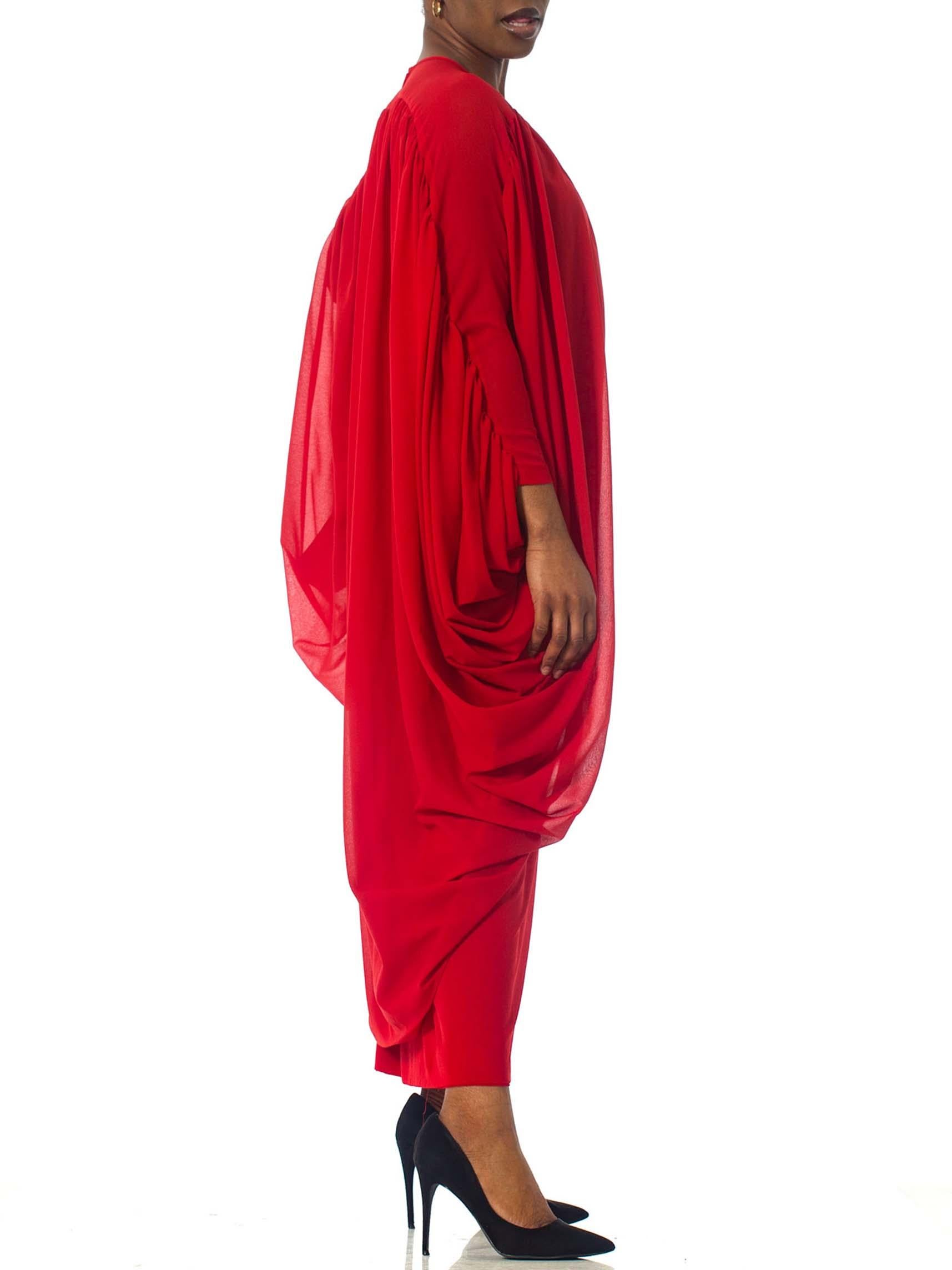Women's 1980S LANVIN Lipstick Red Polyester Chiffon Giant Draped Sleeve Gown For Sale