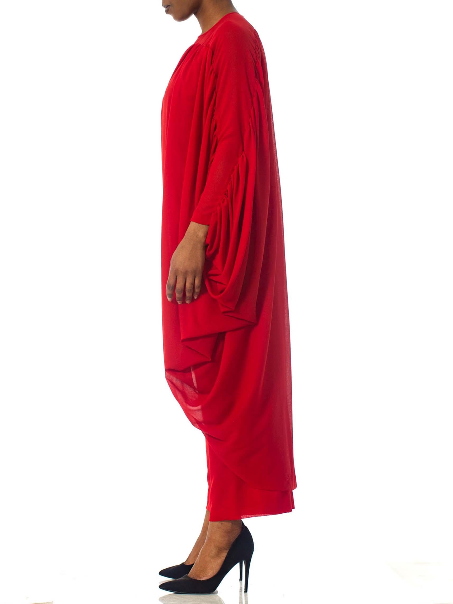 1980S LANVIN Lipstick Red Polyester Chiffon Giant Draped Sleeve Gown For Sale 1