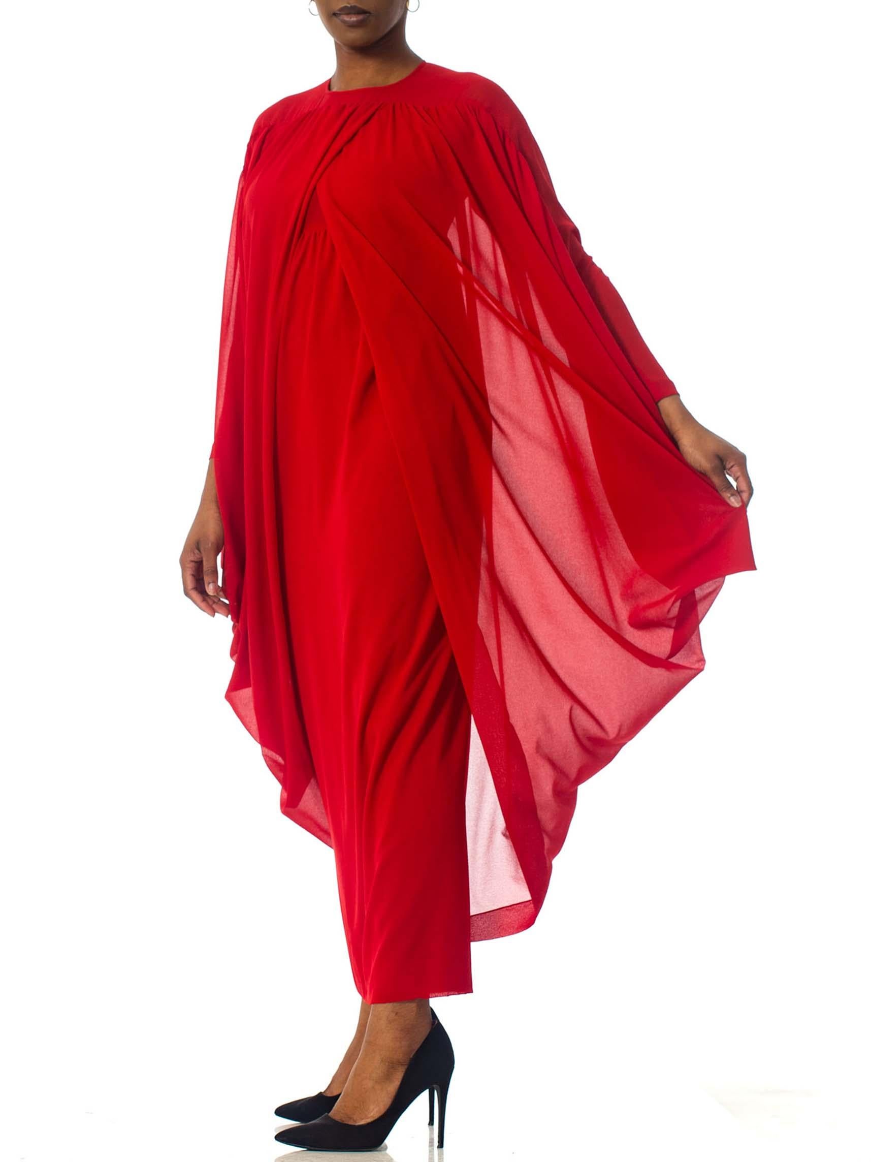 1980S LANVIN Lipstick Red Polyester Chiffon Giant Draped Sleeve Gown For Sale 2