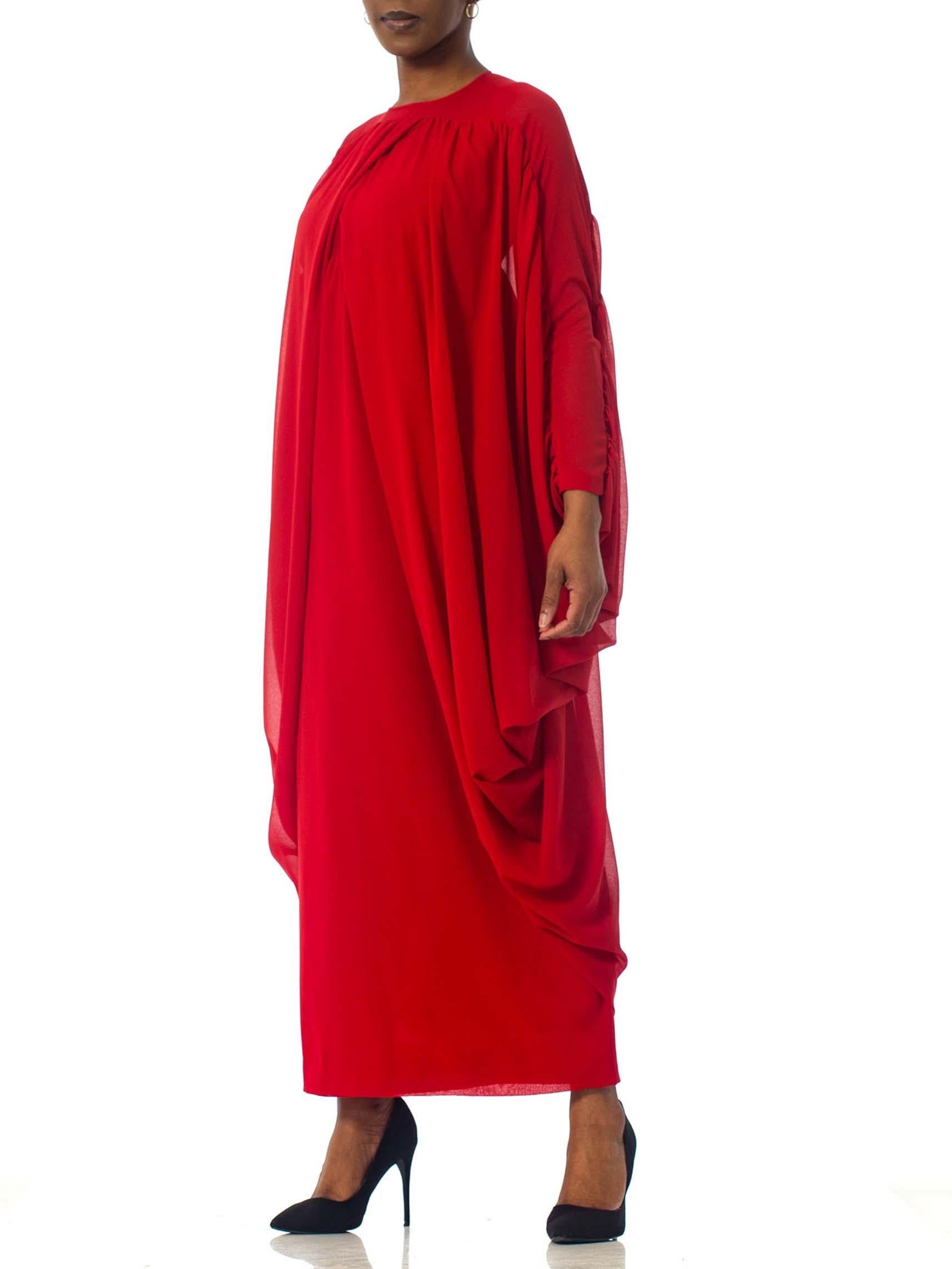 1980S LANVIN Lipstick Red Polyester Chiffon Giant Draped Sleeve Gown For Sale 3