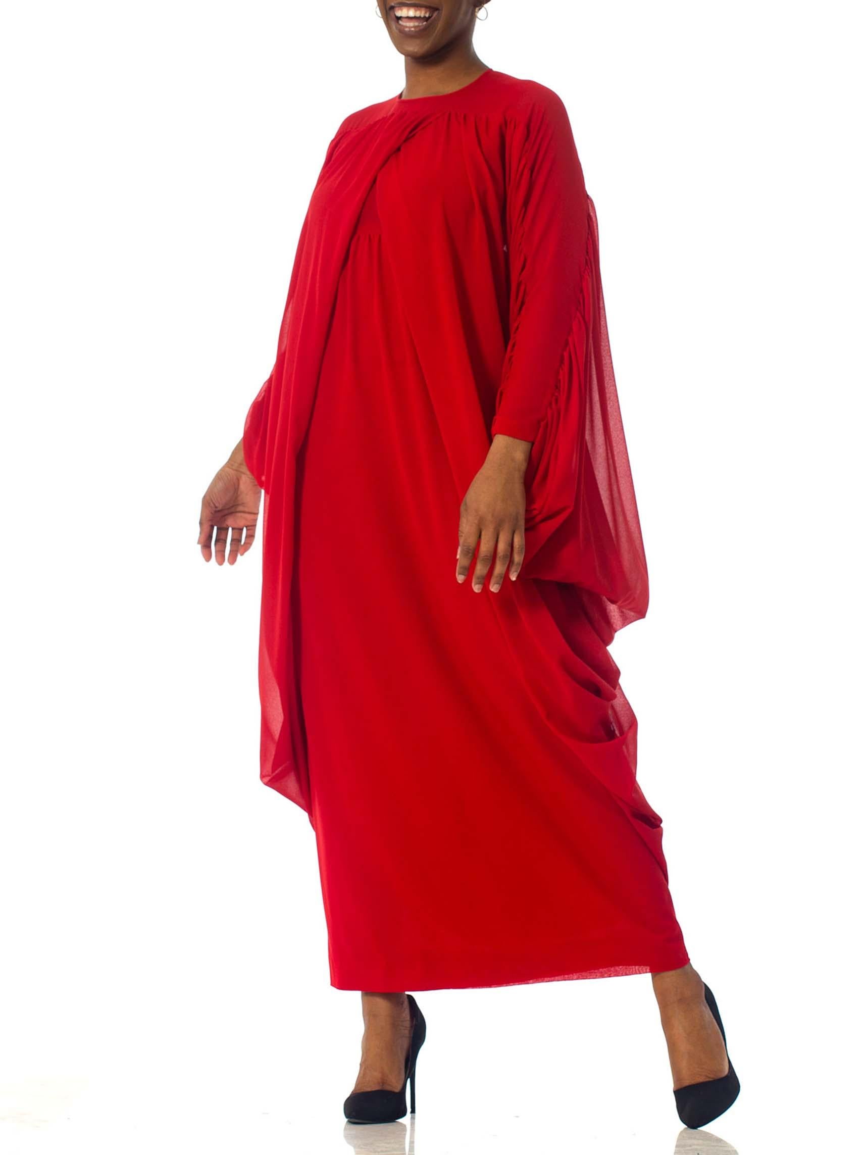 1980S LANVIN Lipstick Red Polyester Chiffon Giant Draped Sleeve Gown For Sale 4