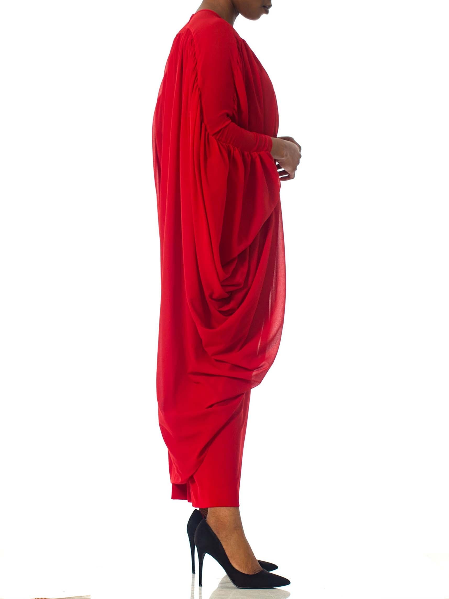 1980S LANVIN Lipstick Red Polyester Chiffon Giant Draped Sleeve Gown For Sale 5