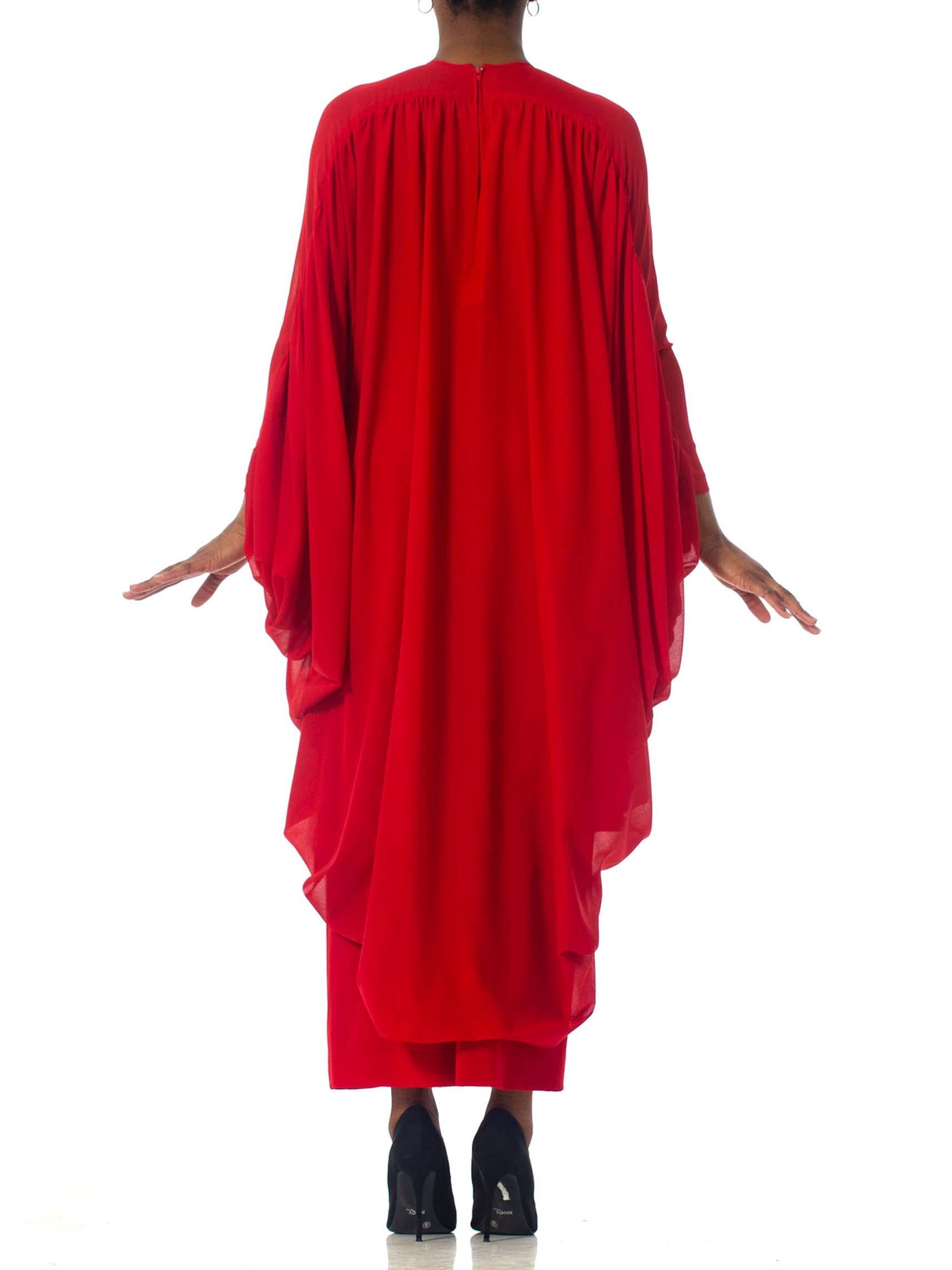 1980S LANVIN Lipstick Red Polyester Chiffon Giant Draped Sleeve Gown For Sale 6