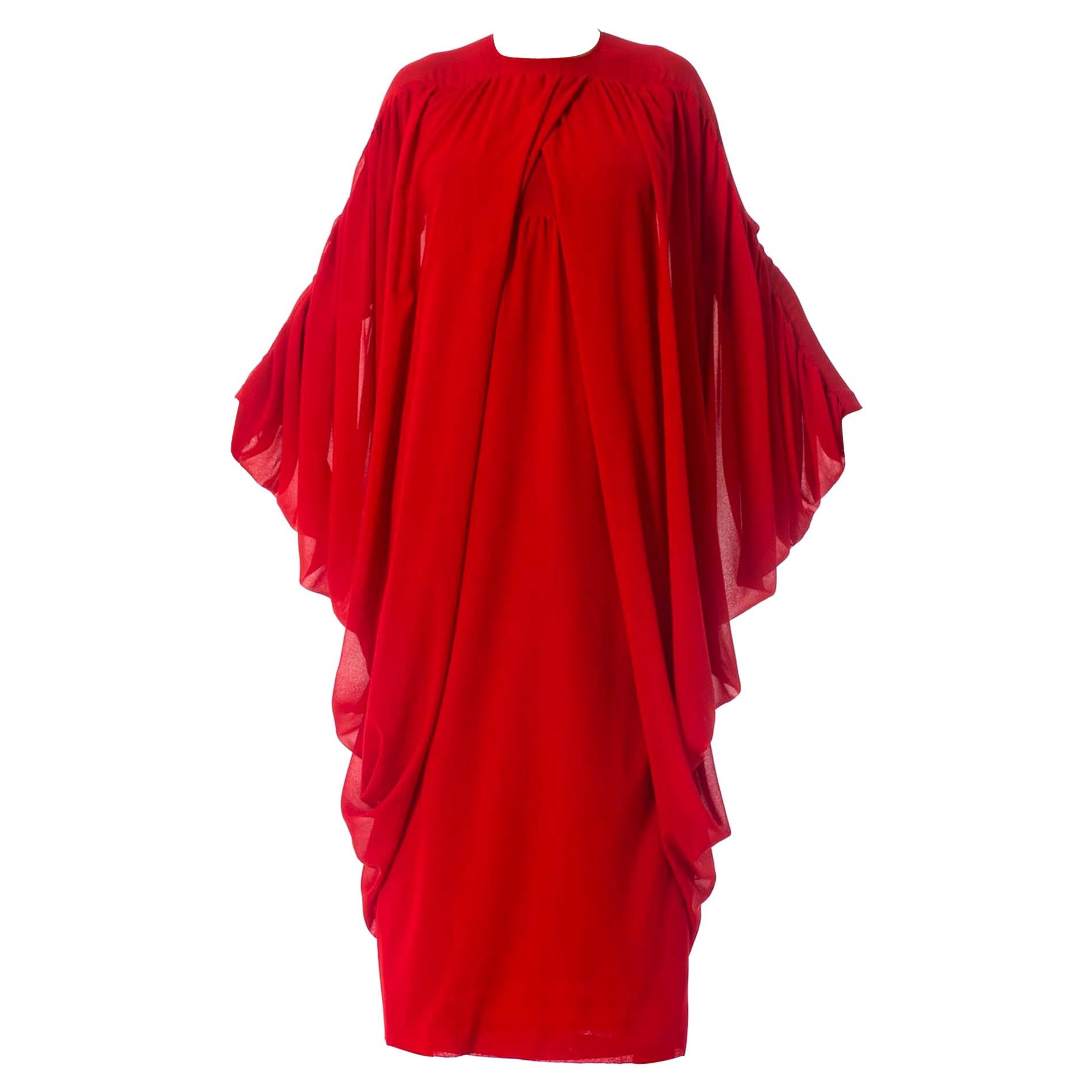 1980S LANVIN Lipstick Red Polyester Chiffon Giant Draped Sleeve Gown For Sale