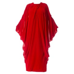 1980S LANVIN Lipstick Red Polyester Chiffon Giant Draped Sleeve Gown