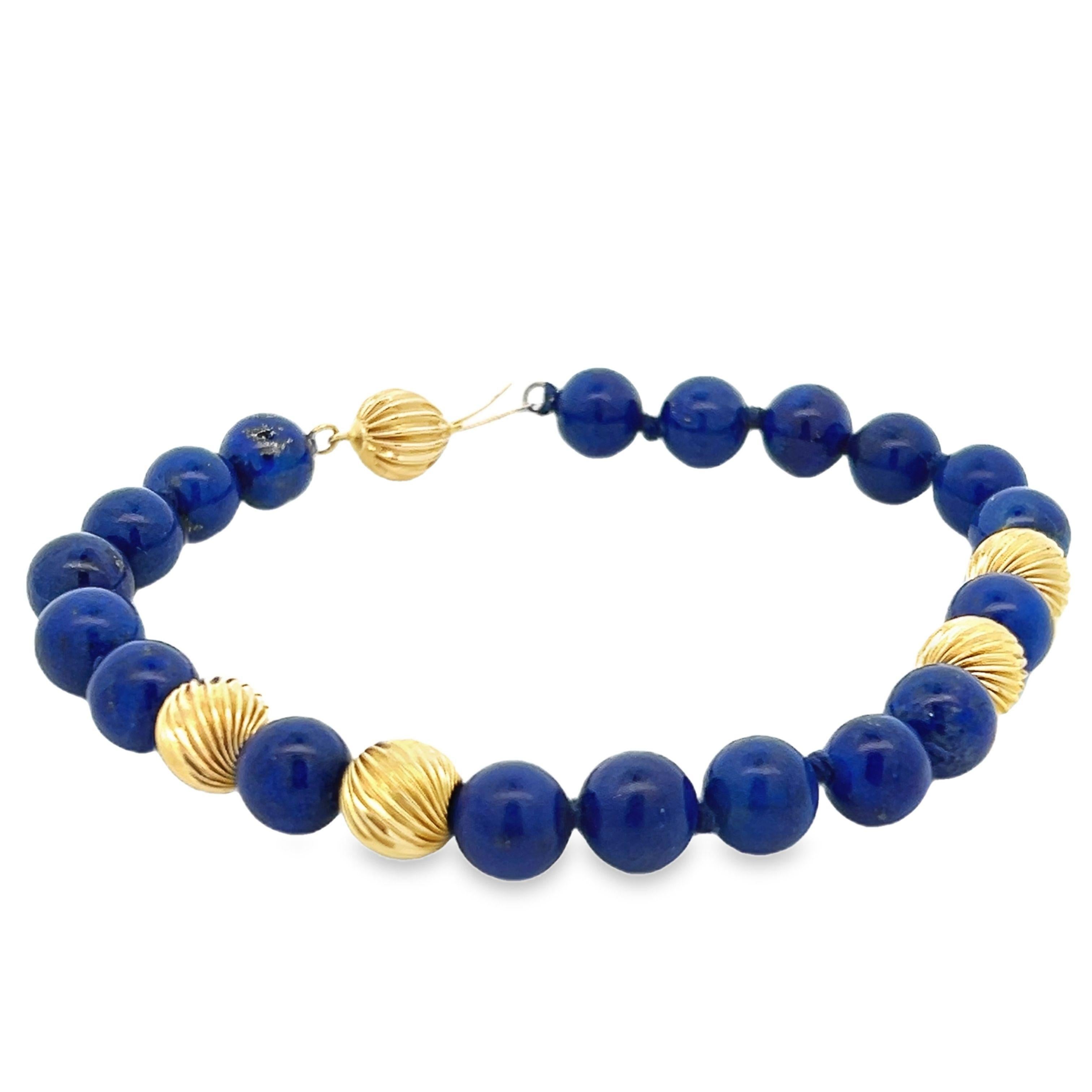 Ball Cut 1980s Lapis and 14k Yellow Gold Bead Bracelet w/ Independent Report