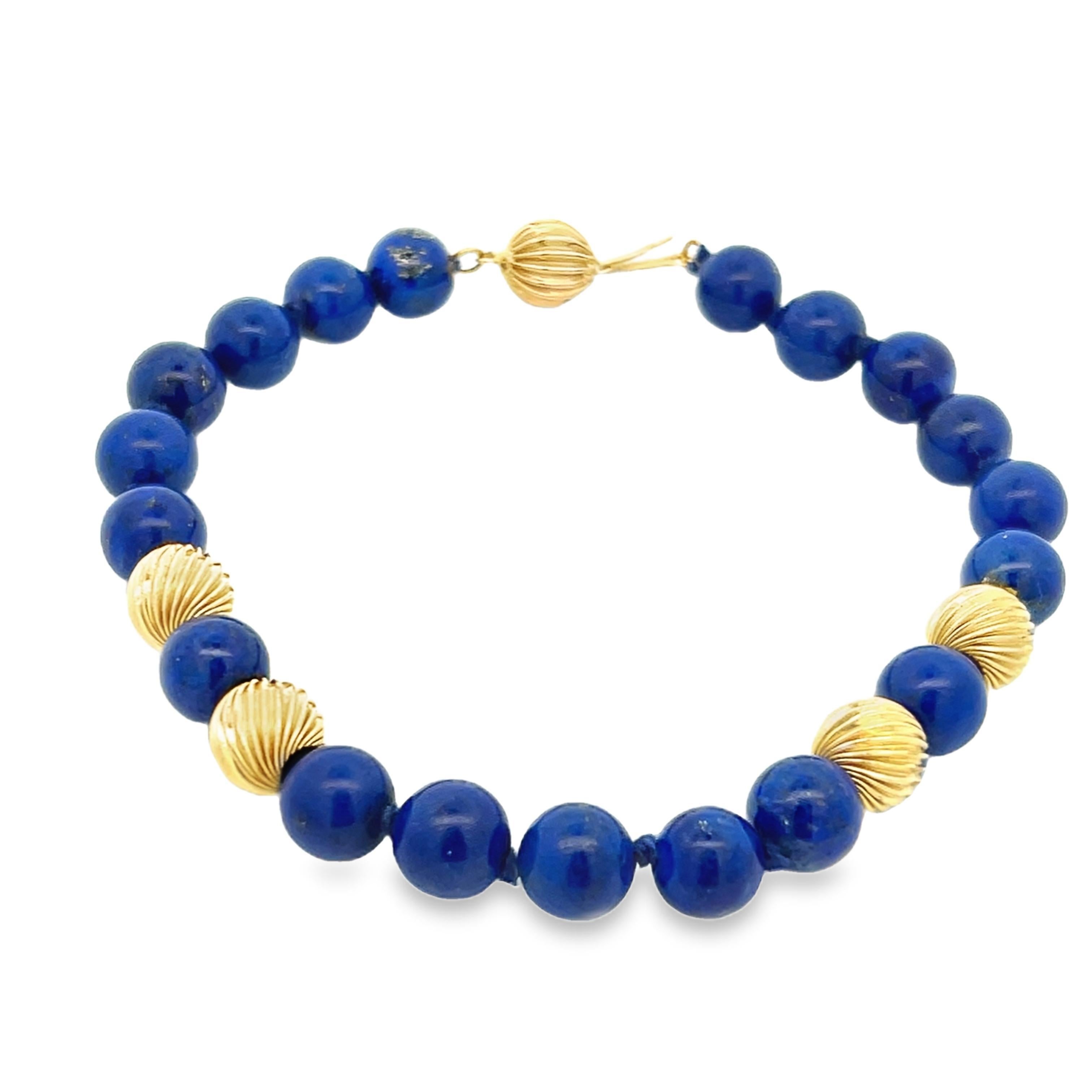 1980s Lapis and 14k Yellow Gold Bead Bracelet w/ Independent Report In Good Condition In Lexington, KY