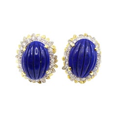 1980s Lapis Lazuli Diamond Two-Color Gold Ear Clips