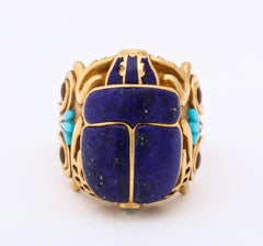 1980s Lapis Lazuli Turquoise Citrine Diamond Figural Scarab Large Gold Ring