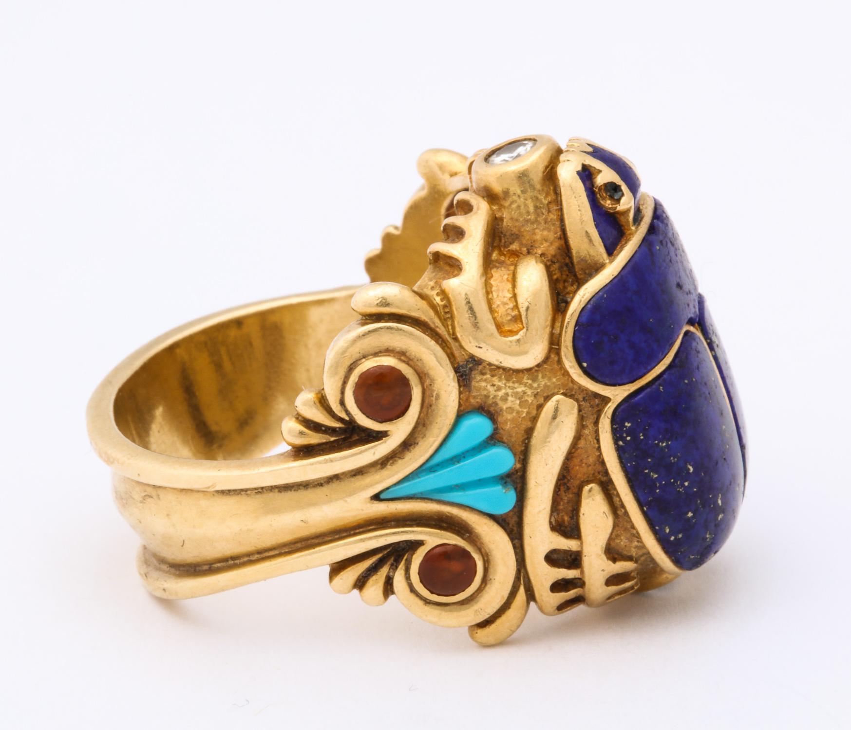 1980s Lapis Lazuli Turquoise Citrine Diamond Figural Scarab Large Gold Ring In Good Condition In New York, NY