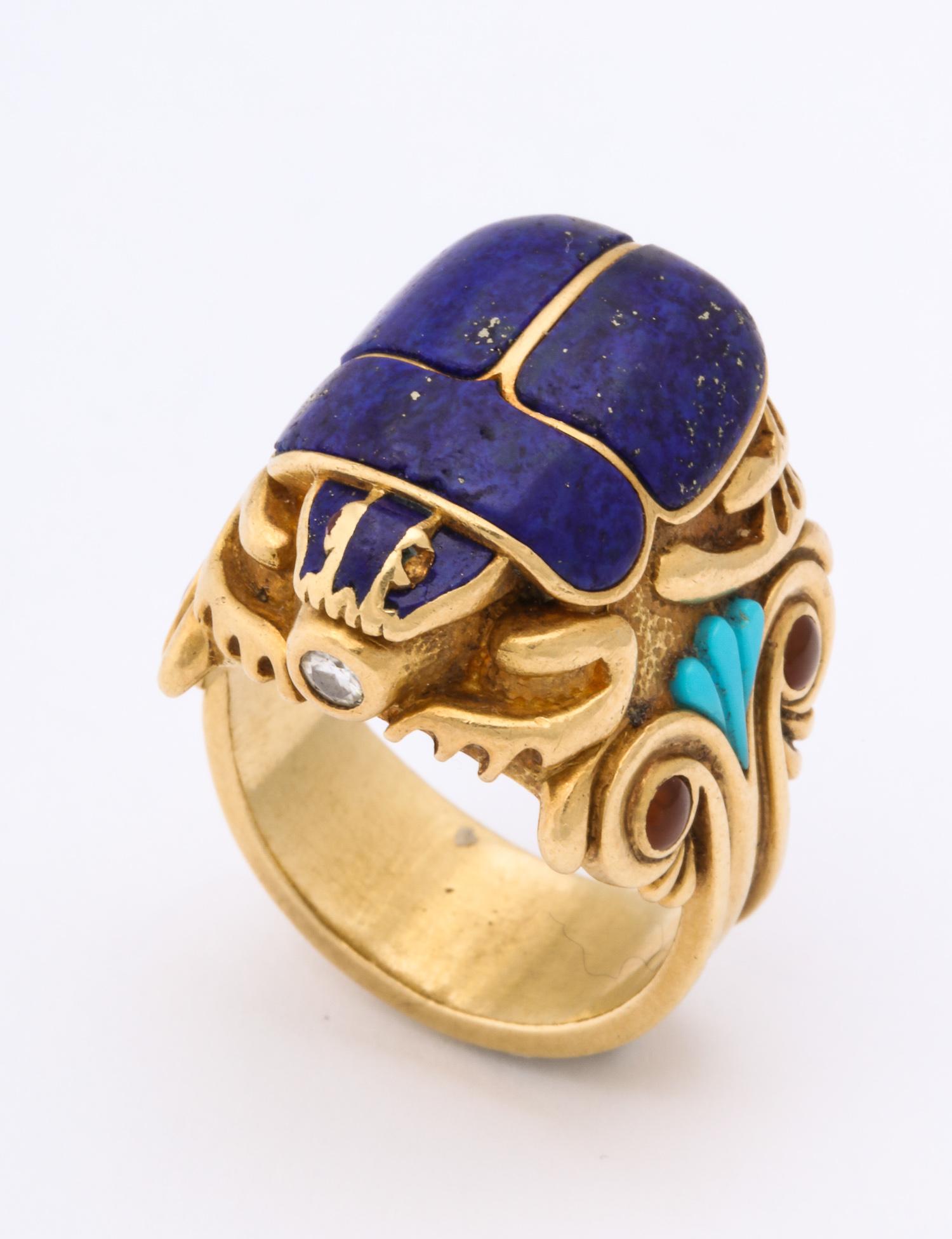 1980s Lapis Lazuli Turquoise Citrine Diamond Figural Scarab Large Gold Ring 1