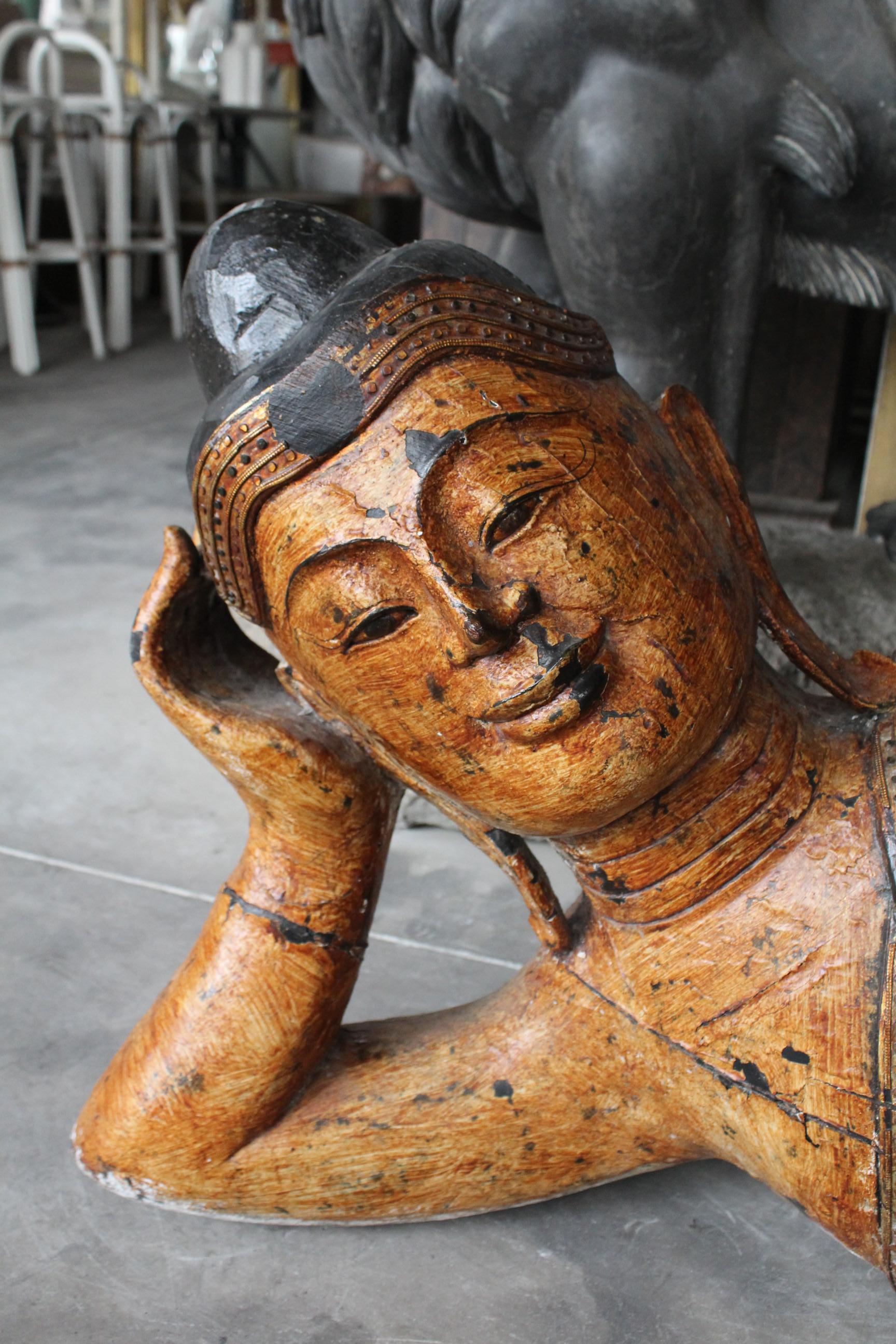 1980s Large Asian Polychrome Resting Wooden Buddha 1