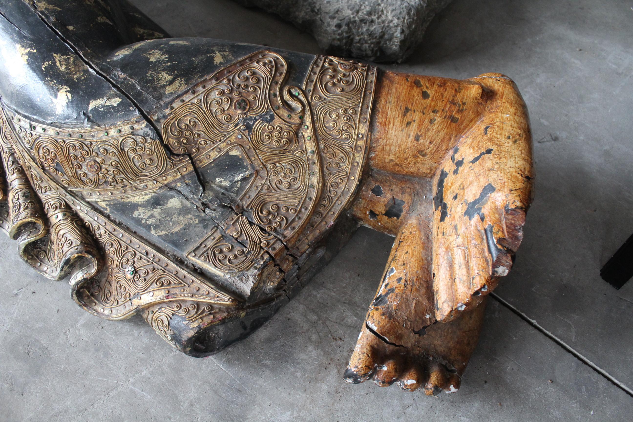 1980s Large Asian Polychrome Resting Wooden Buddha 2