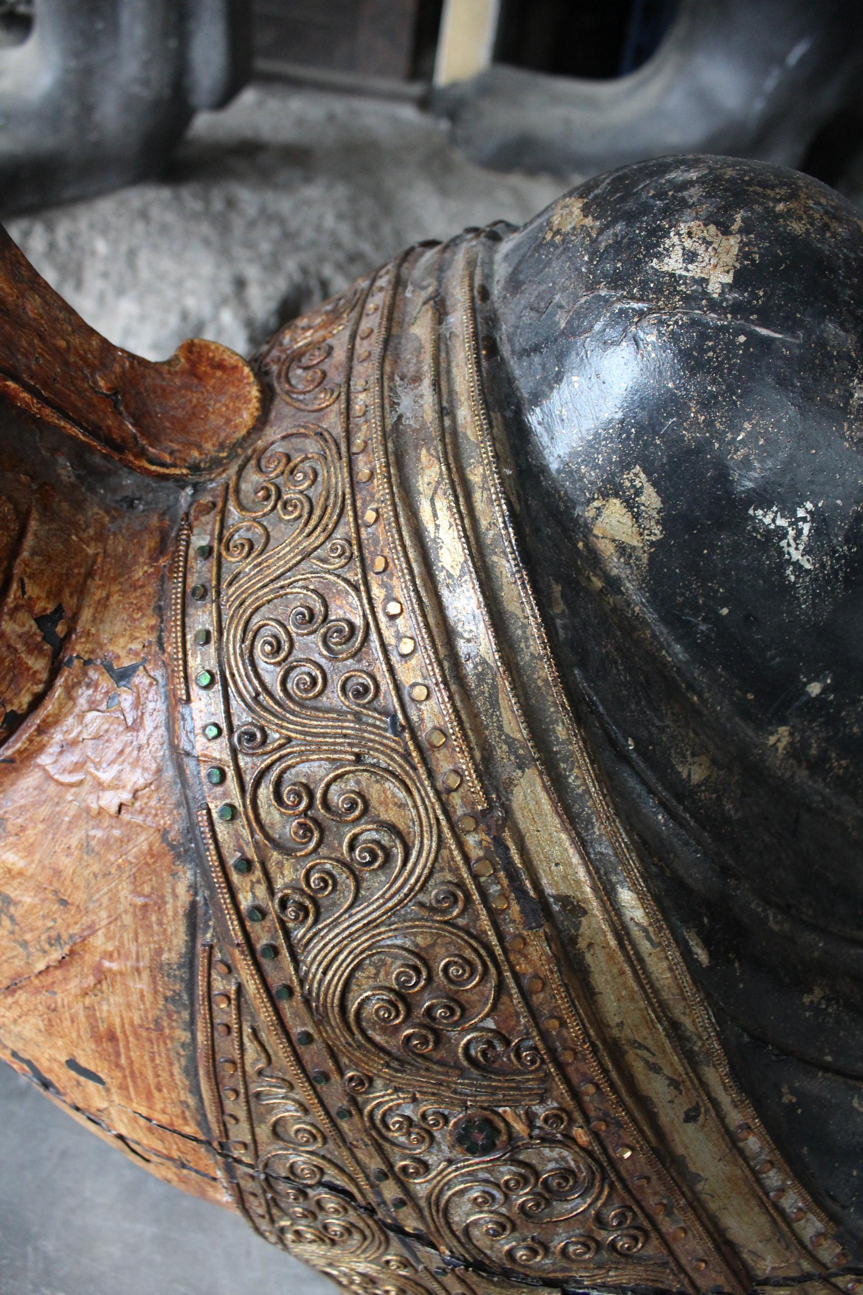 1980s Large Asian Polychrome Resting Wooden Buddha 4