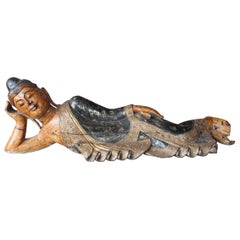 1980s Large Asian Polychrome Resting Wooden Buddha