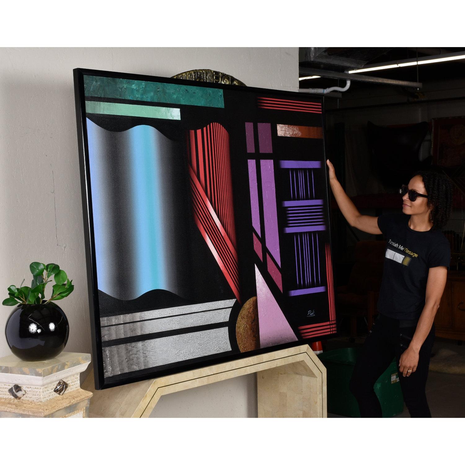 1980s Large Black and Jewel-Tone Geometric Memphis Style Painting Signed Pak For Sale 2