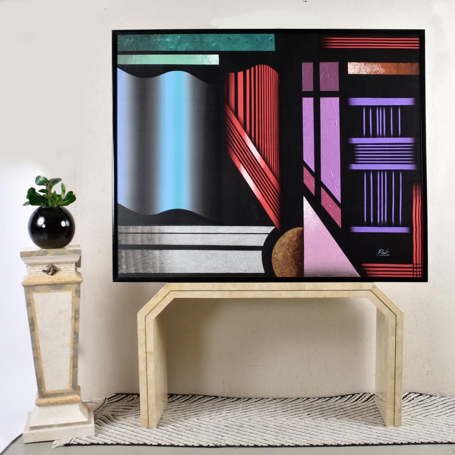 This stunning large scale painting represents a moodier side of the Memphis style revival of the 1980s. The strictly geometric composition rebukes narrative, instead inviting the viewer to cast their own script on the image. This painting conjures