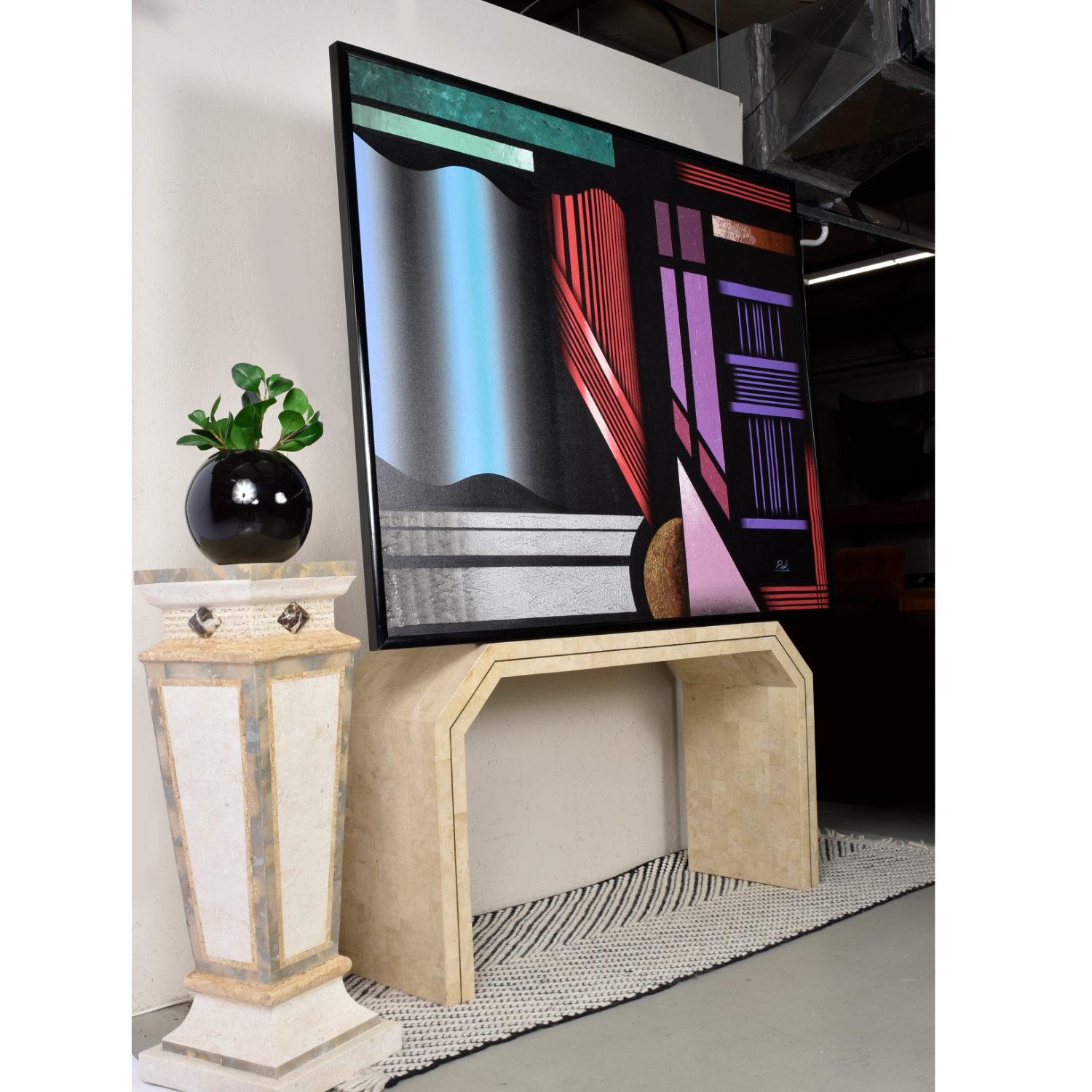 American 1980s Large Black and Jewel-Tone Geometric Memphis Style Painting Signed Pak For Sale