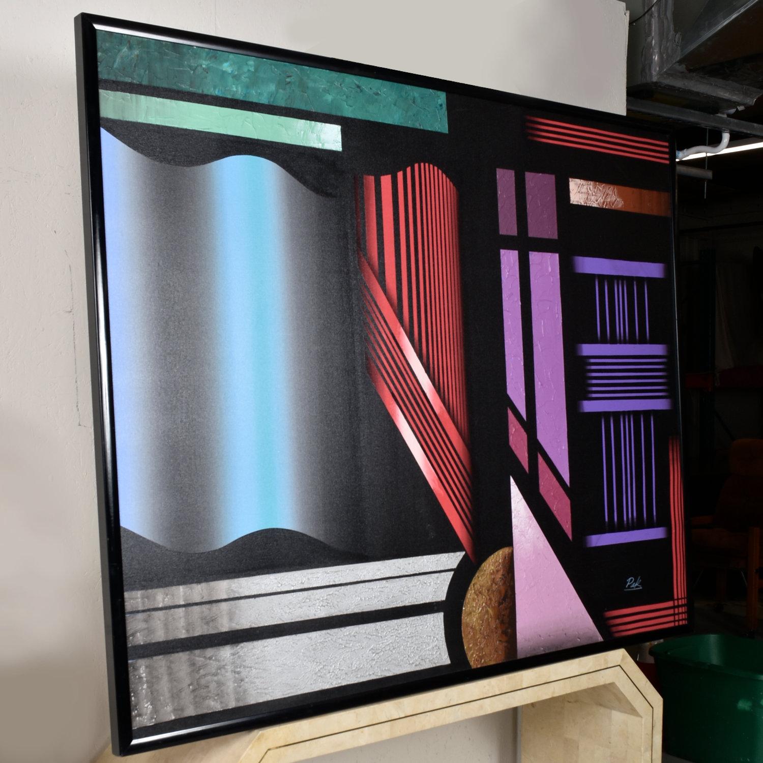 1980s Large Black and Jewel-Tone Geometric Memphis Style Painting Signed Pak In Excellent Condition For Sale In Chattanooga, TN