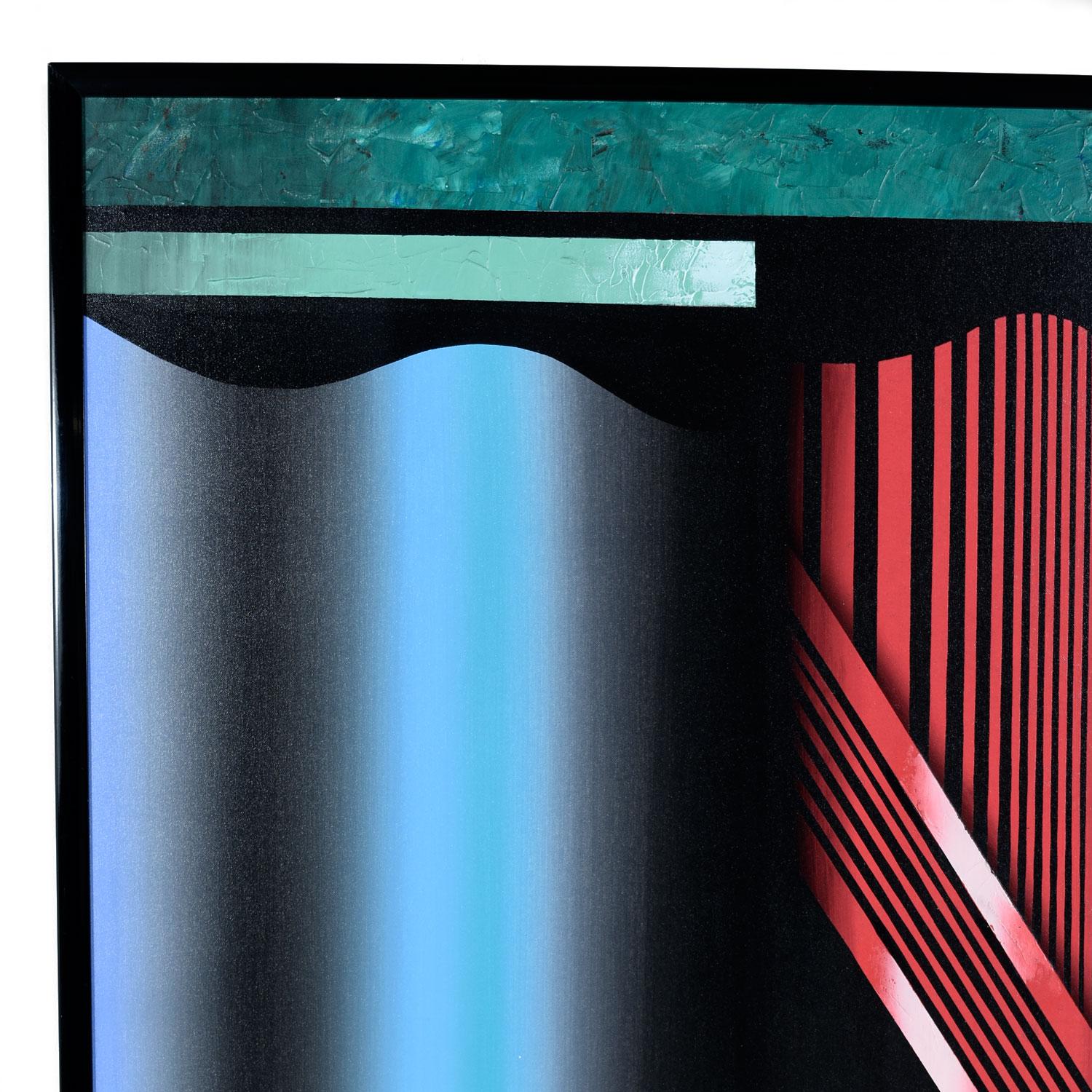 Late 20th Century 1980s Large Black and Jewel-Tone Geometric Memphis Style Painting Signed Pak For Sale