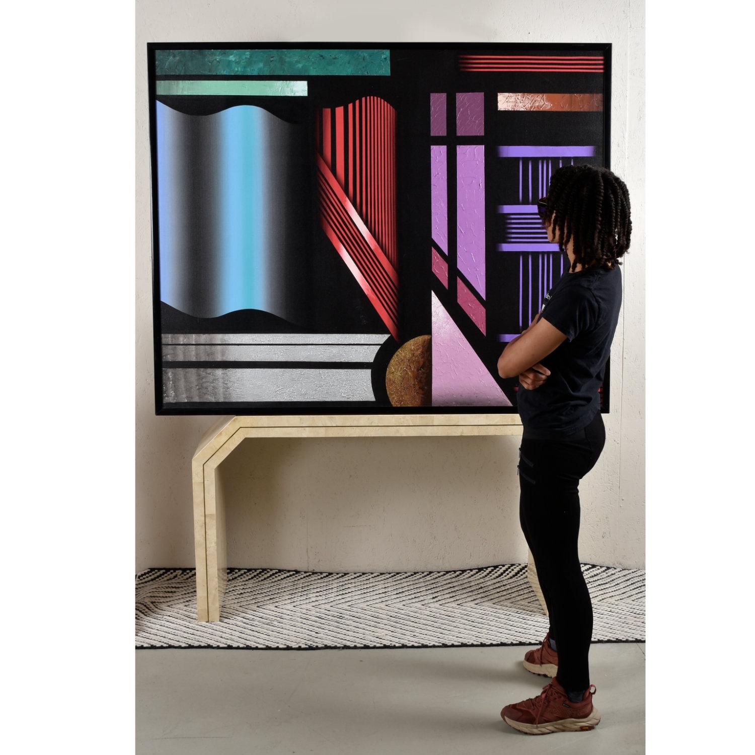 1980s Large Black and Jewel-Tone Geometric Memphis Style Painting Signed Pak For Sale 1