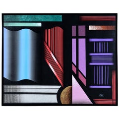 Großes schwarzes und juwelenfarbenes geometrisches Gemälde im Memphis-Stil, signiert Pak, 1980er Jahre