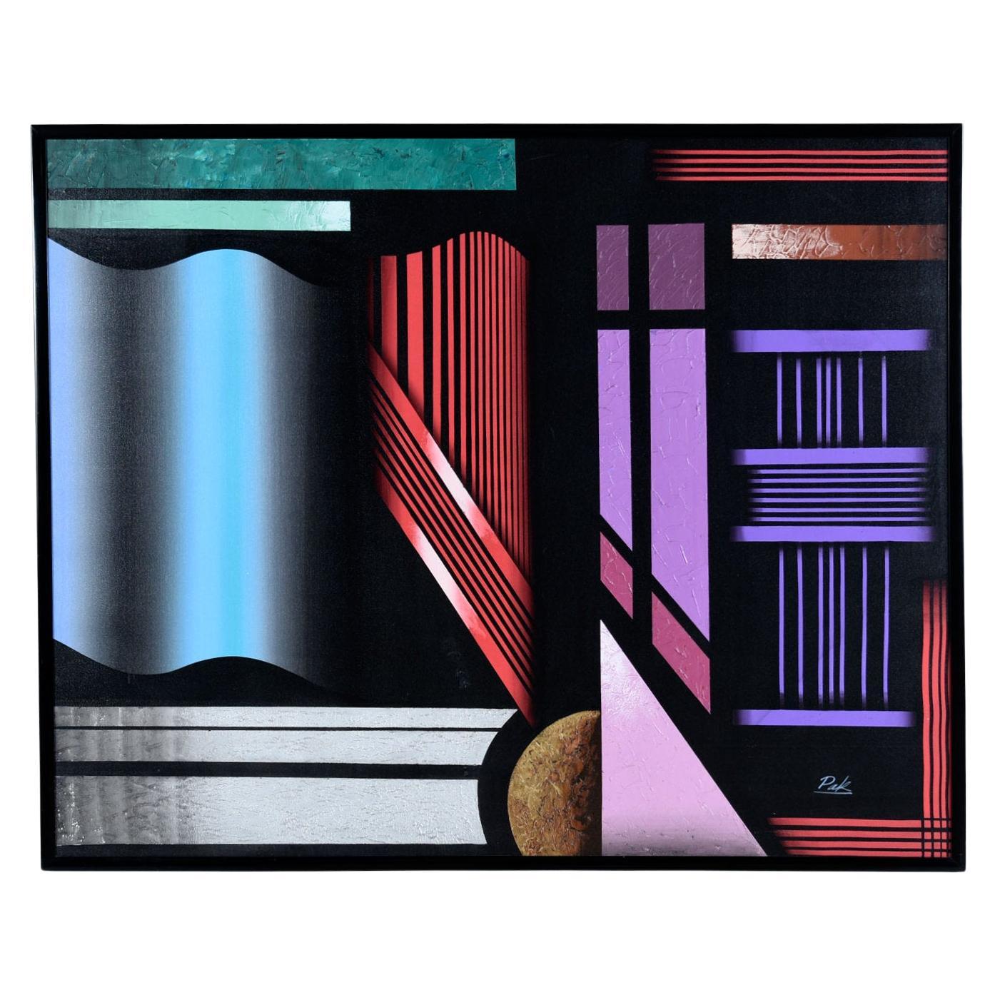 1980s Large Black and Jewel-Tone Geometric Memphis Style Painting Signed Pak For Sale