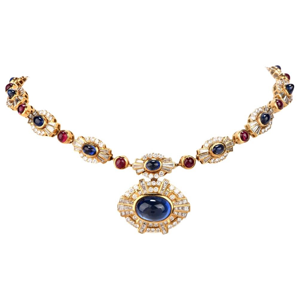 1980s Large Cabochon Sapphire Ruby diamond 18 Karat Gold Pendant Necklace
