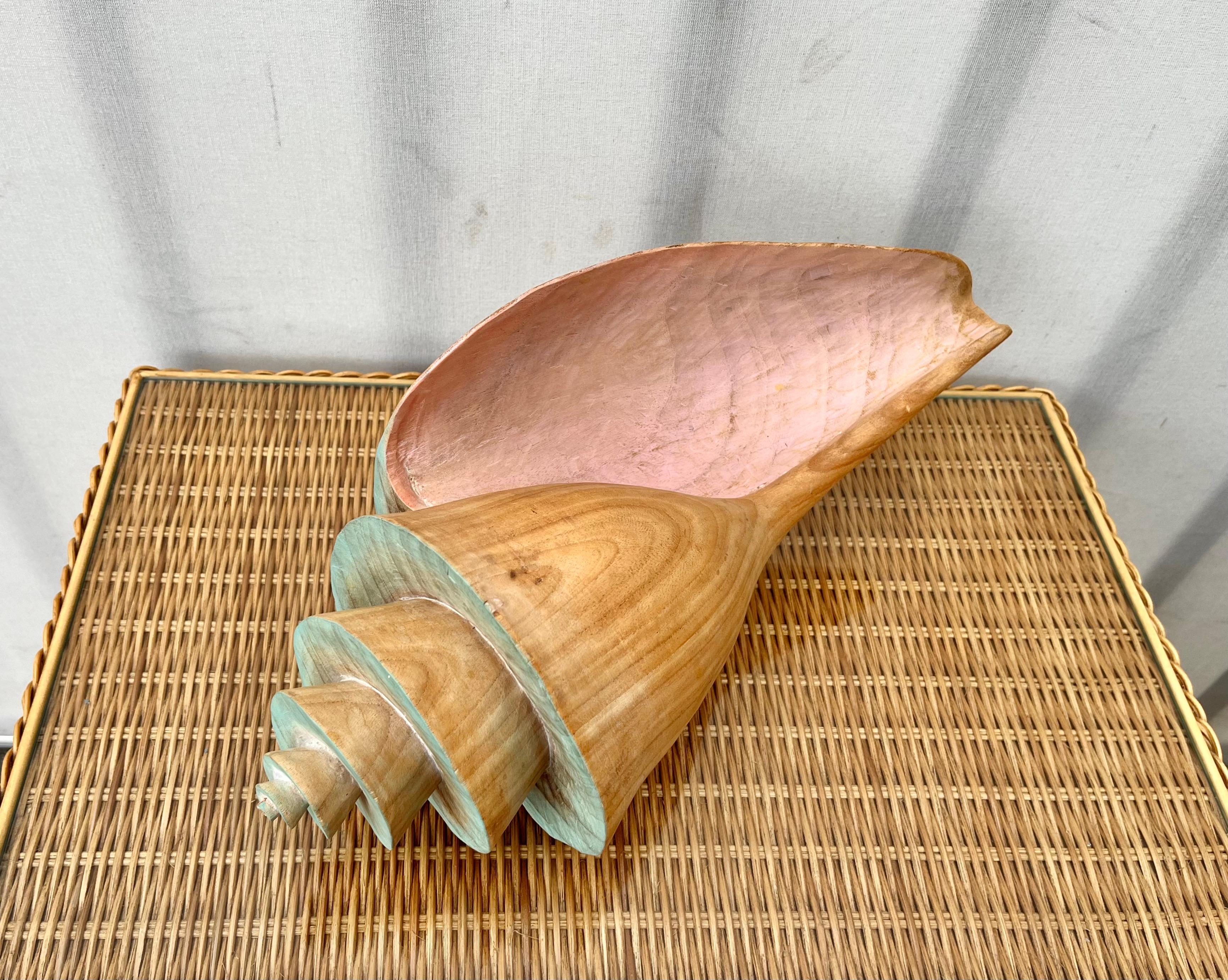 Hollywood Regency 1980s Large Coastal Style Carved Wood Conch Seashell Sculpture. 