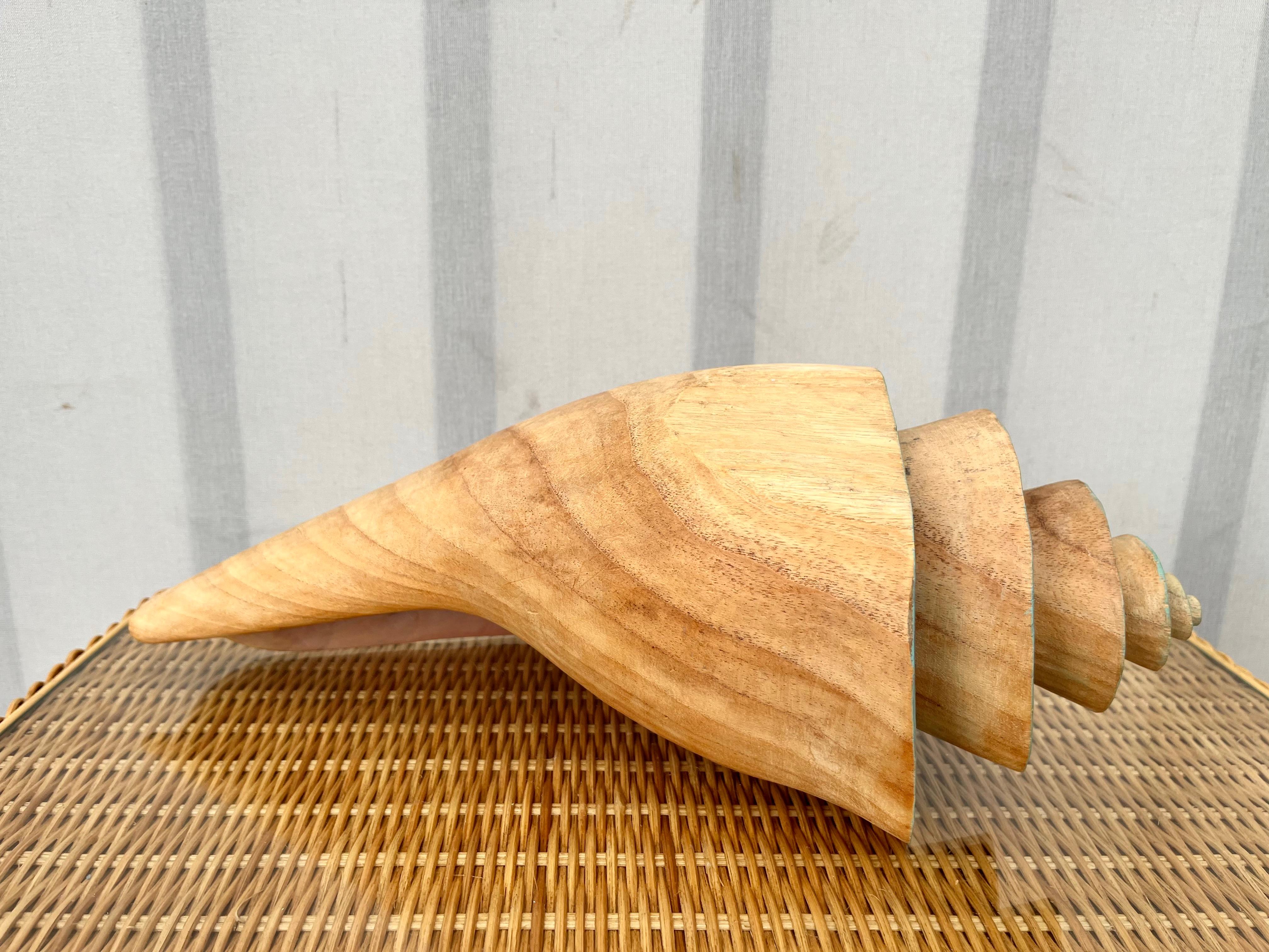1980s Large Coastal Style Carved Wood Conch Seashell Sculpture.  1