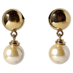 Retro 1980s Large Costume Pearl Drop 14k Gold Plated Clip-On Earrings