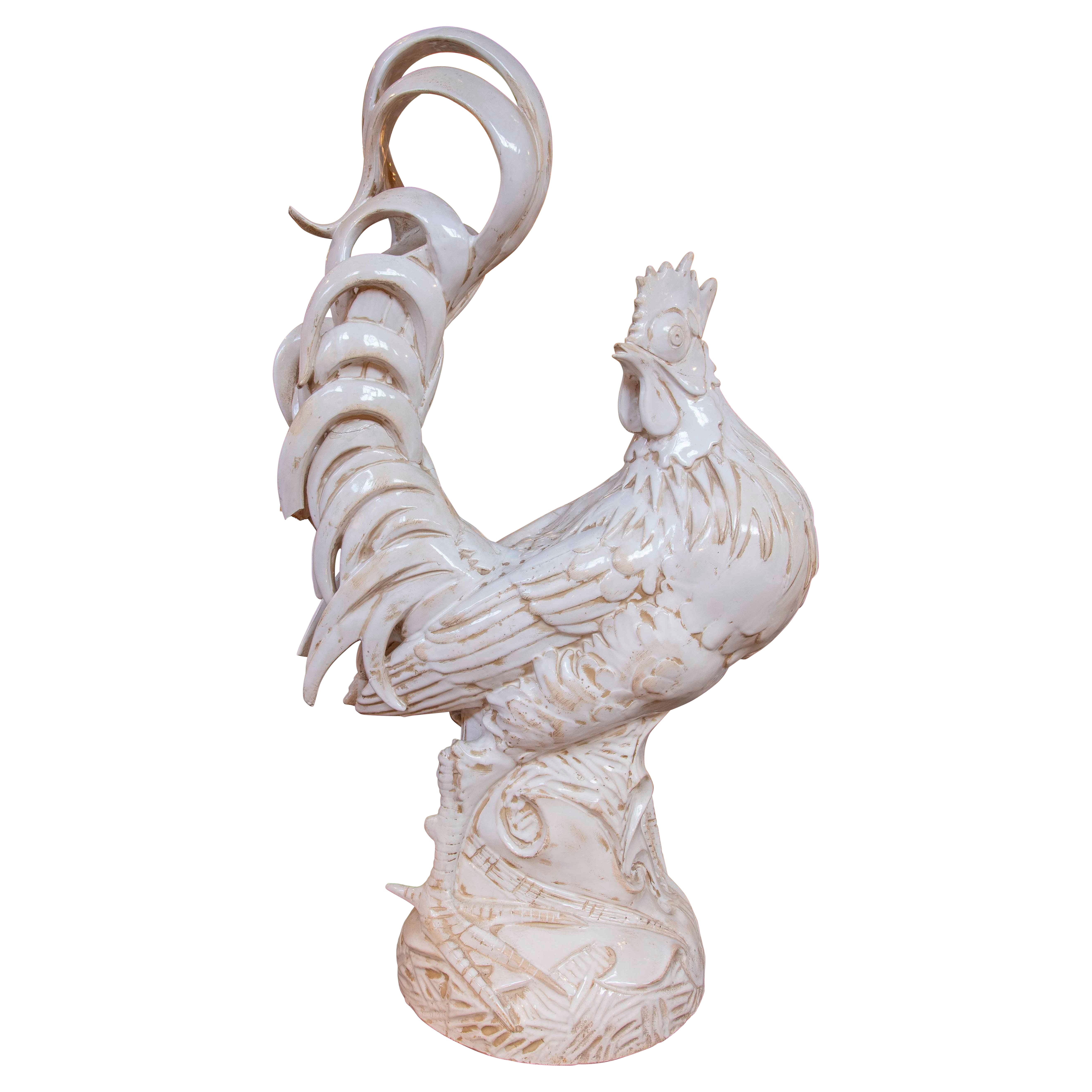 1980s Large Format White Glazed Ceramic Rooster Sculpture