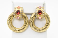 1980s Large Gold Plated Red Pink Clear Rhinestone Door Knocker Clip On Earrings
