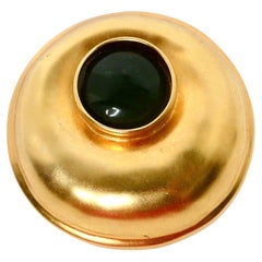 1980s Large Green Cabochon Gold Tone Brooch