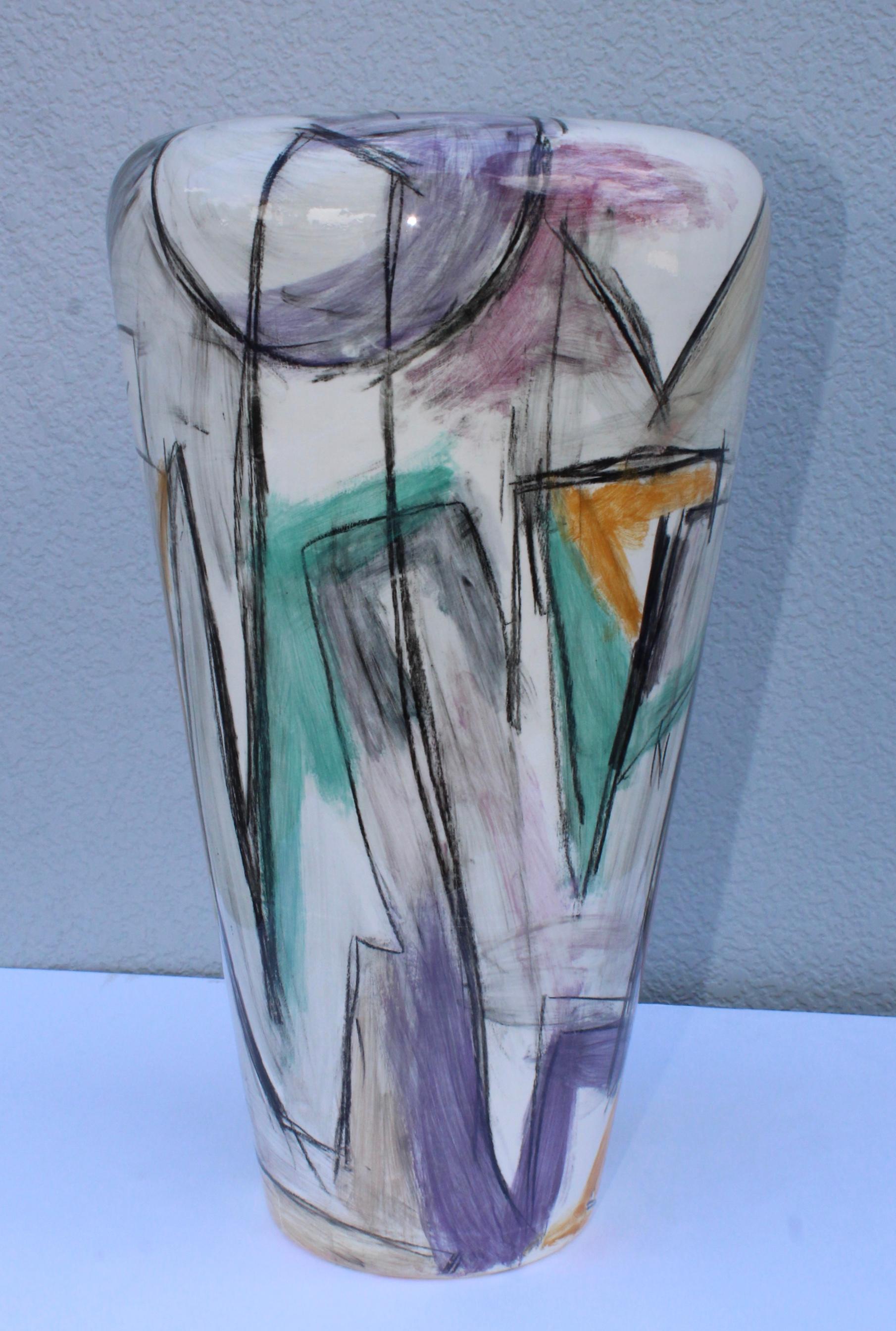 1980s Large Hand Painted Ceramic Vase 4