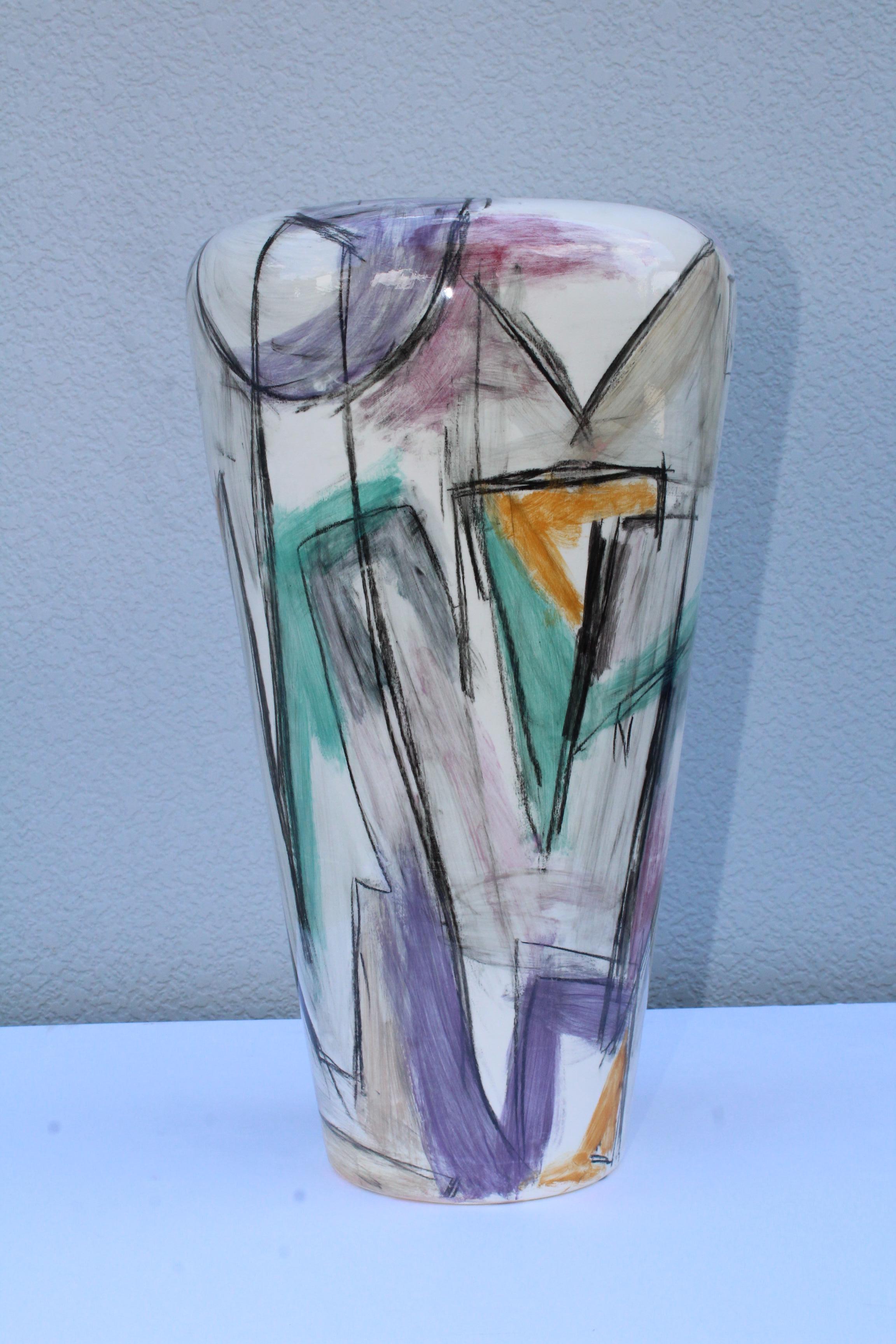 1980s large hand painted ceramic floor vase. Signed and dated.