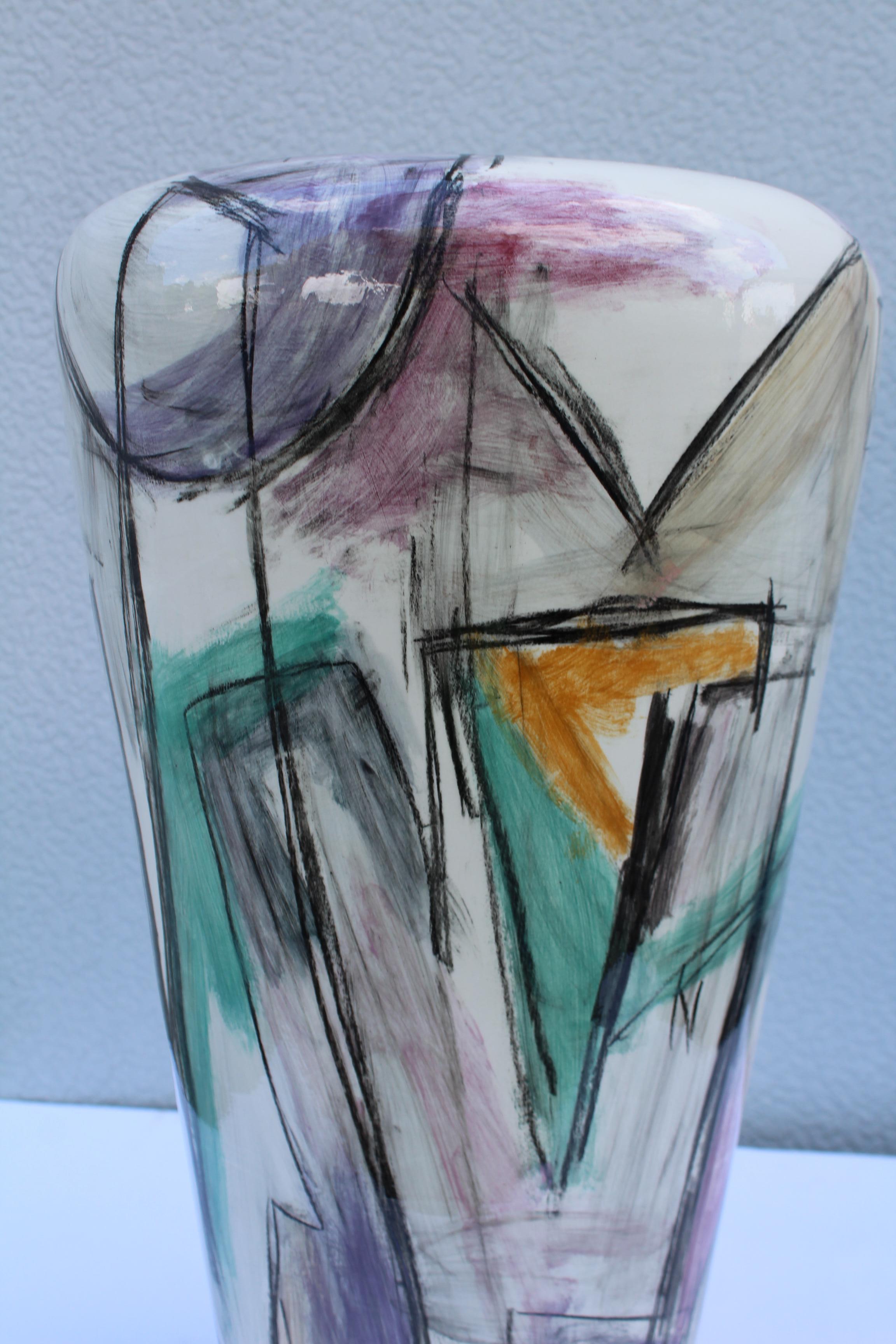 1980s Large Hand Painted Ceramic Vase In Good Condition In New York, NY