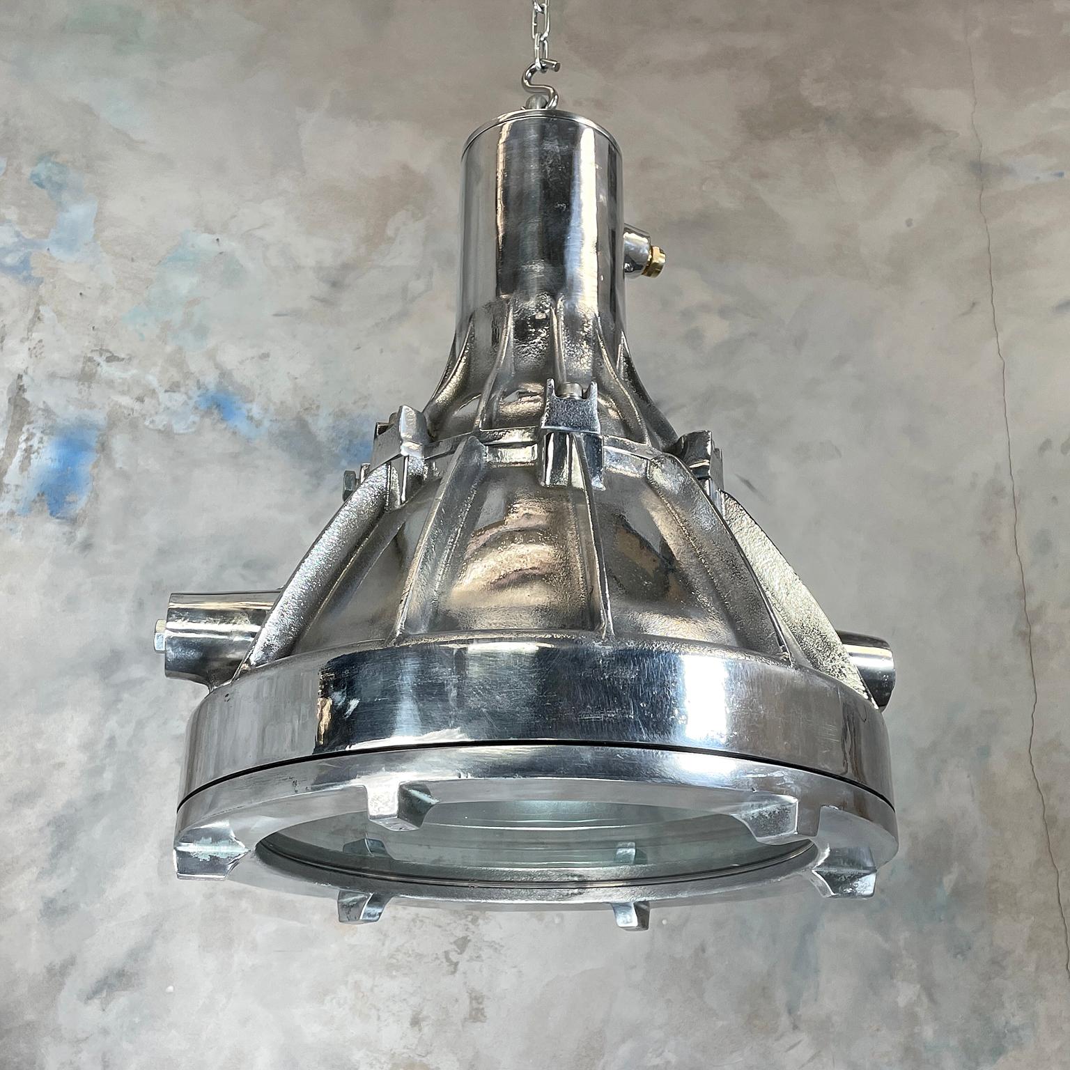 A large cast aluminium explosion proof pendant built to with stand the most adverse conditions at sea.

These lamps were reclaimed from a super tanker that would have transported hazardous cargo.

The weight of these lamps is approximate 18kg