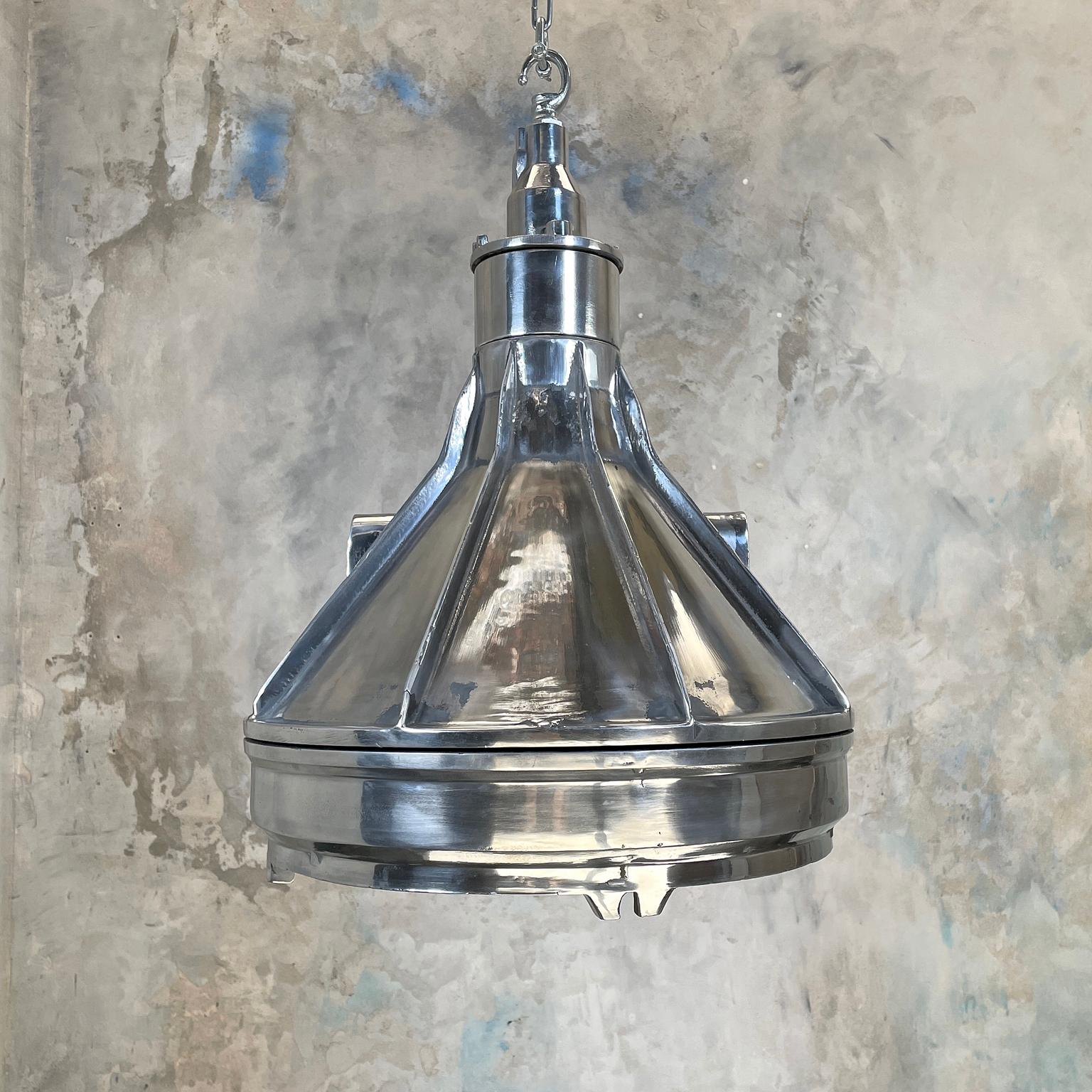 German 1980's Large Industrial Cast Aluminum & Glass Ceiling light Pendant