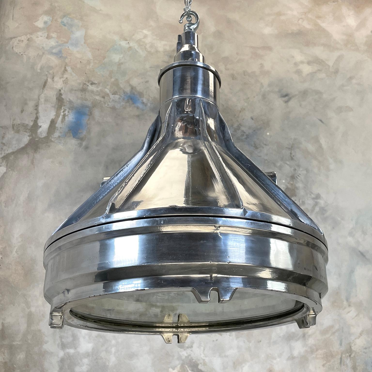1980's Large Industrial Cast Aluminum & Glass Ceiling light Pendant In Good Condition In Leicester, Leicestershire
