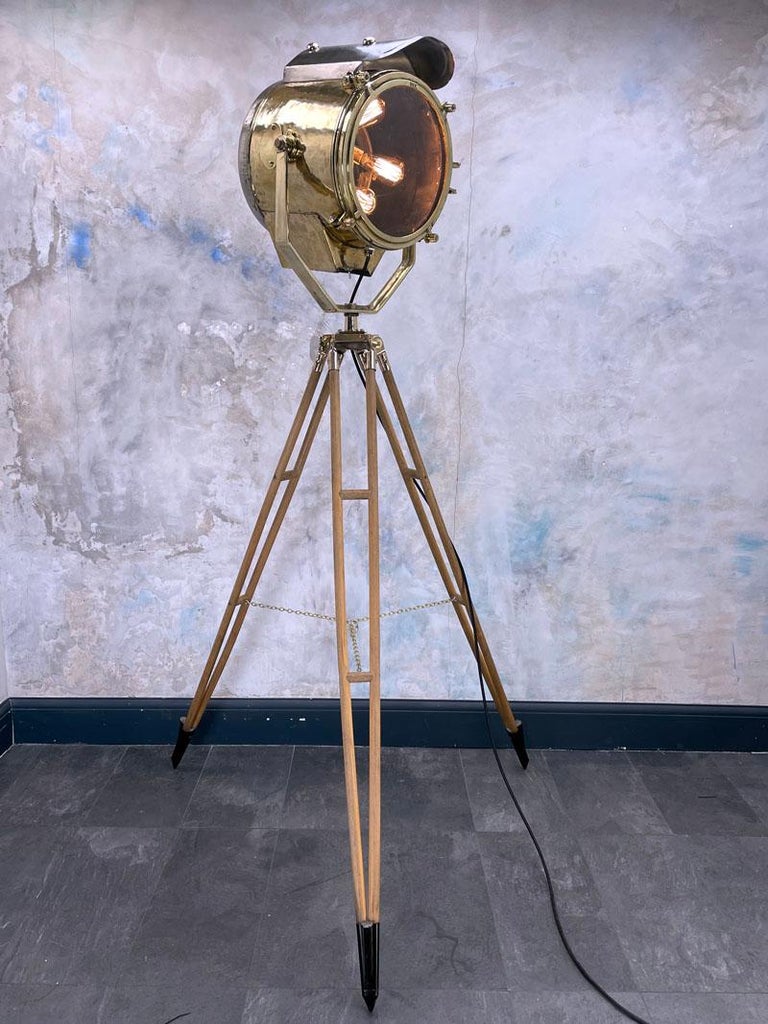 Cast 1980''s Large Nautical Vintage Brass & Steel Lamp & British Antique Bronze Tripod For Sale
