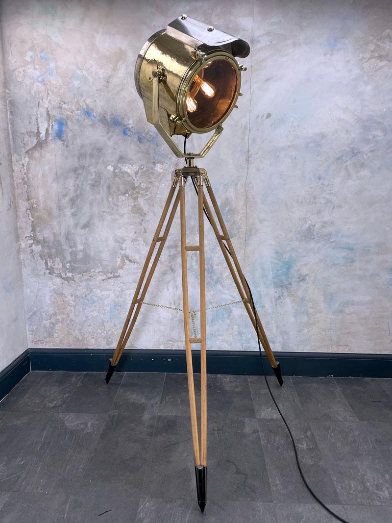 Late 20th Century 1980's Large Nautical Vintage Brass & Steel Lamp & British Antique Bronze Tripod For Sale