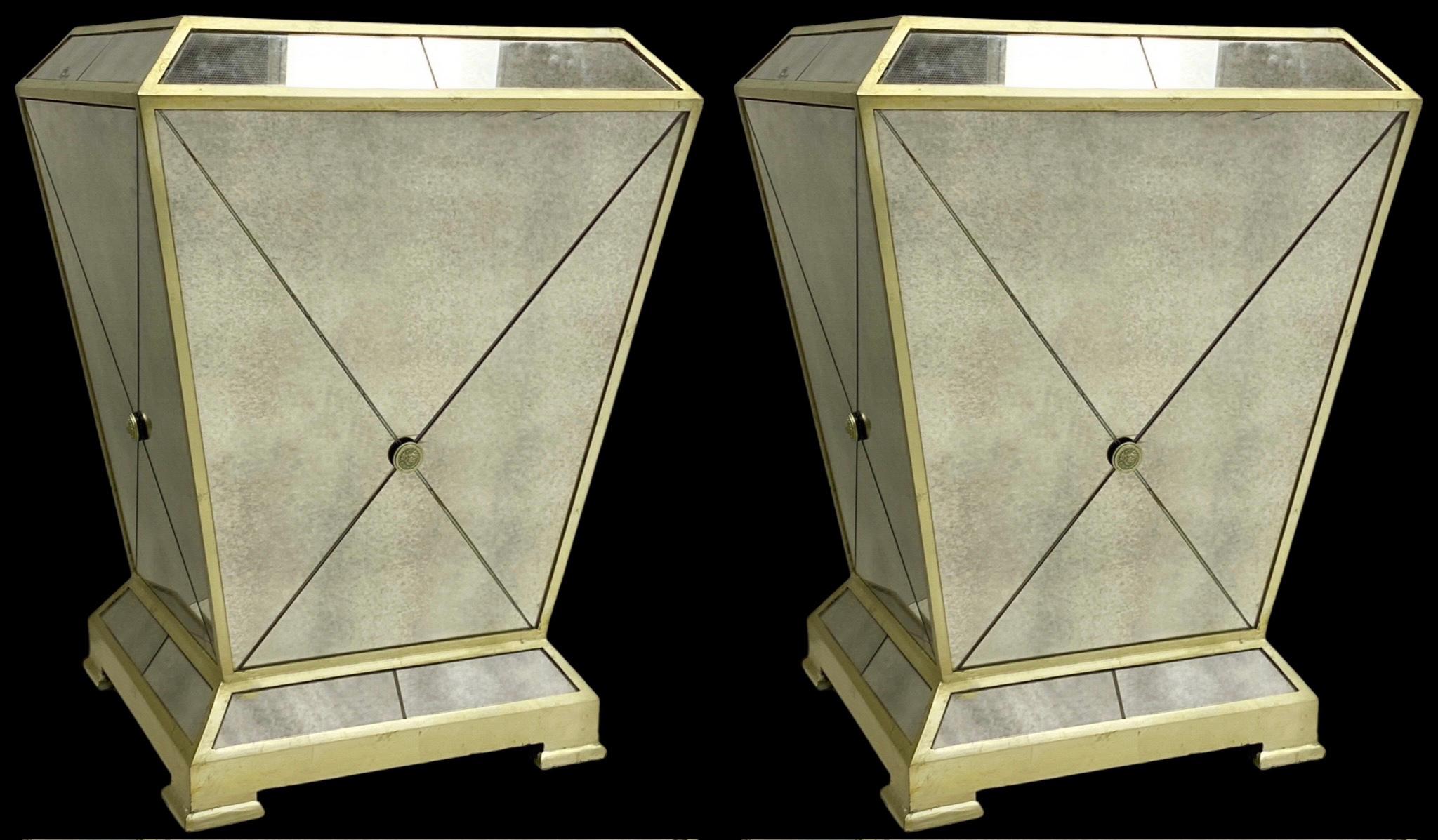 Neoclassical 1980s Large Neo-Classical Style Mirror & Brass Pedestals or Side Tables - Pair For Sale