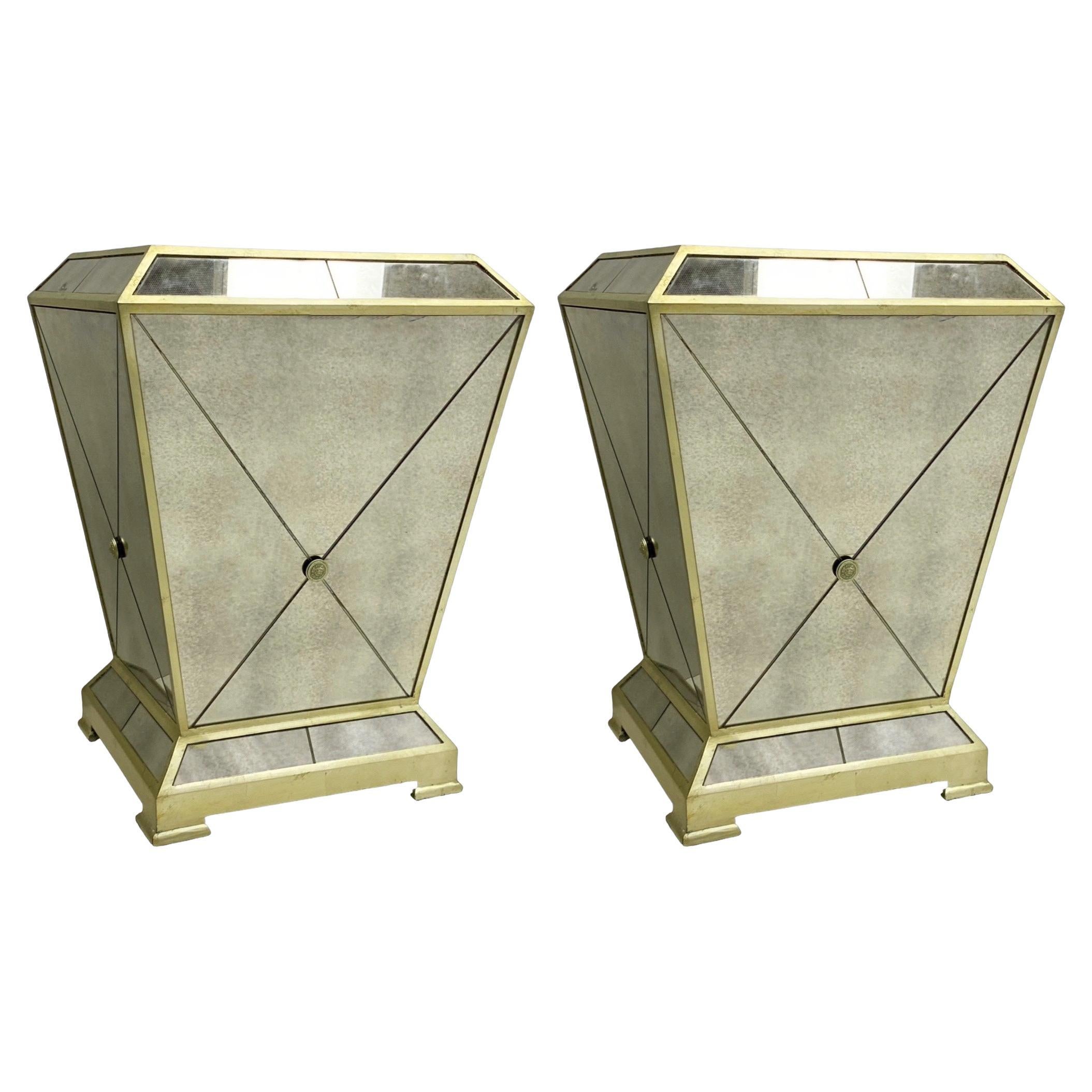 1980s Large Neo-Classical Style Mirror & Brass Pedestals or Side Tables - Pair For Sale