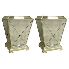 Retro 1980s Large Neo-Classical Style Mirror & Brass Pedestals or Side Tables - Pair