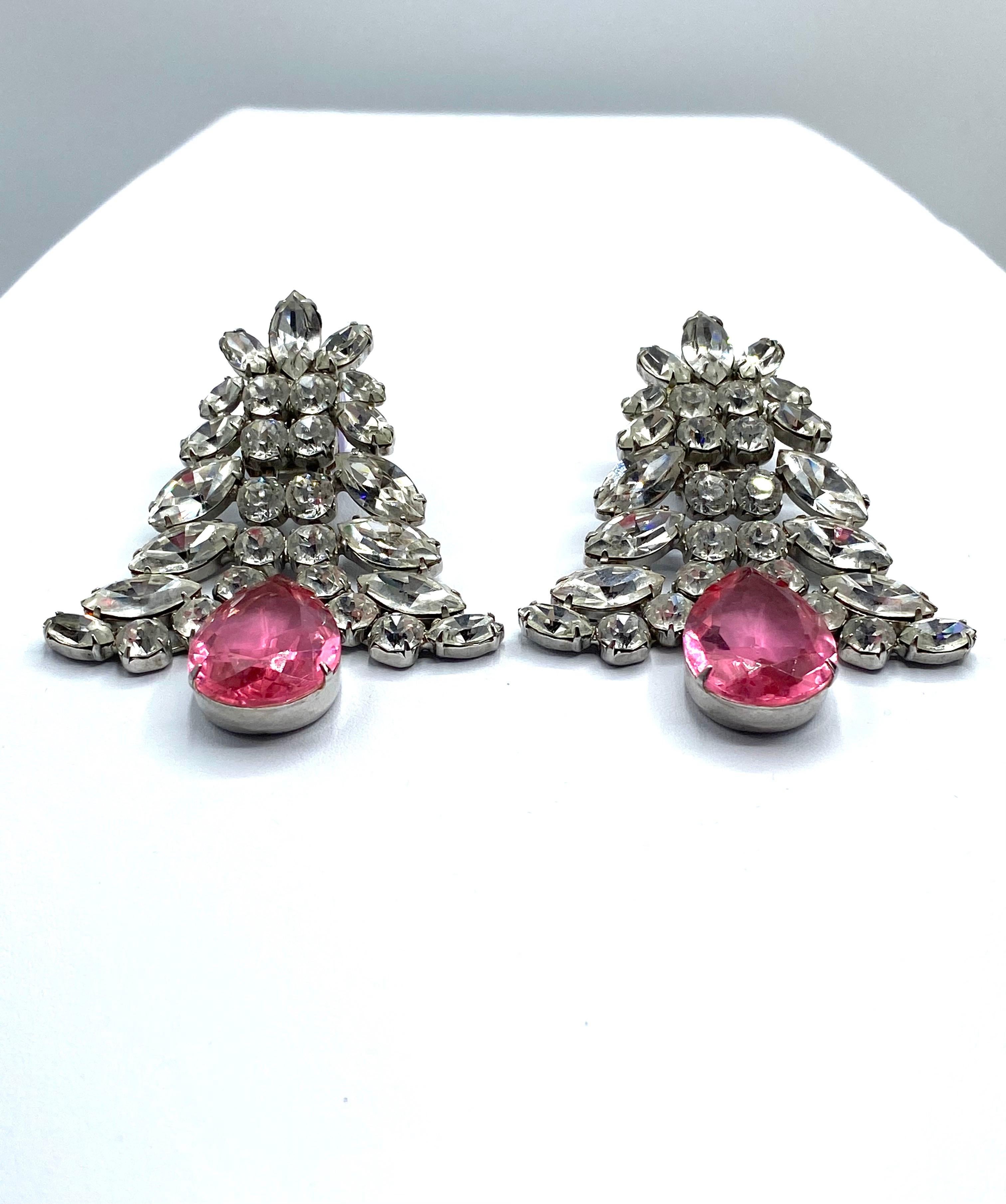1980s Large Round and Marquise Rhinestone Earrings with Pink Crystal Stone 9