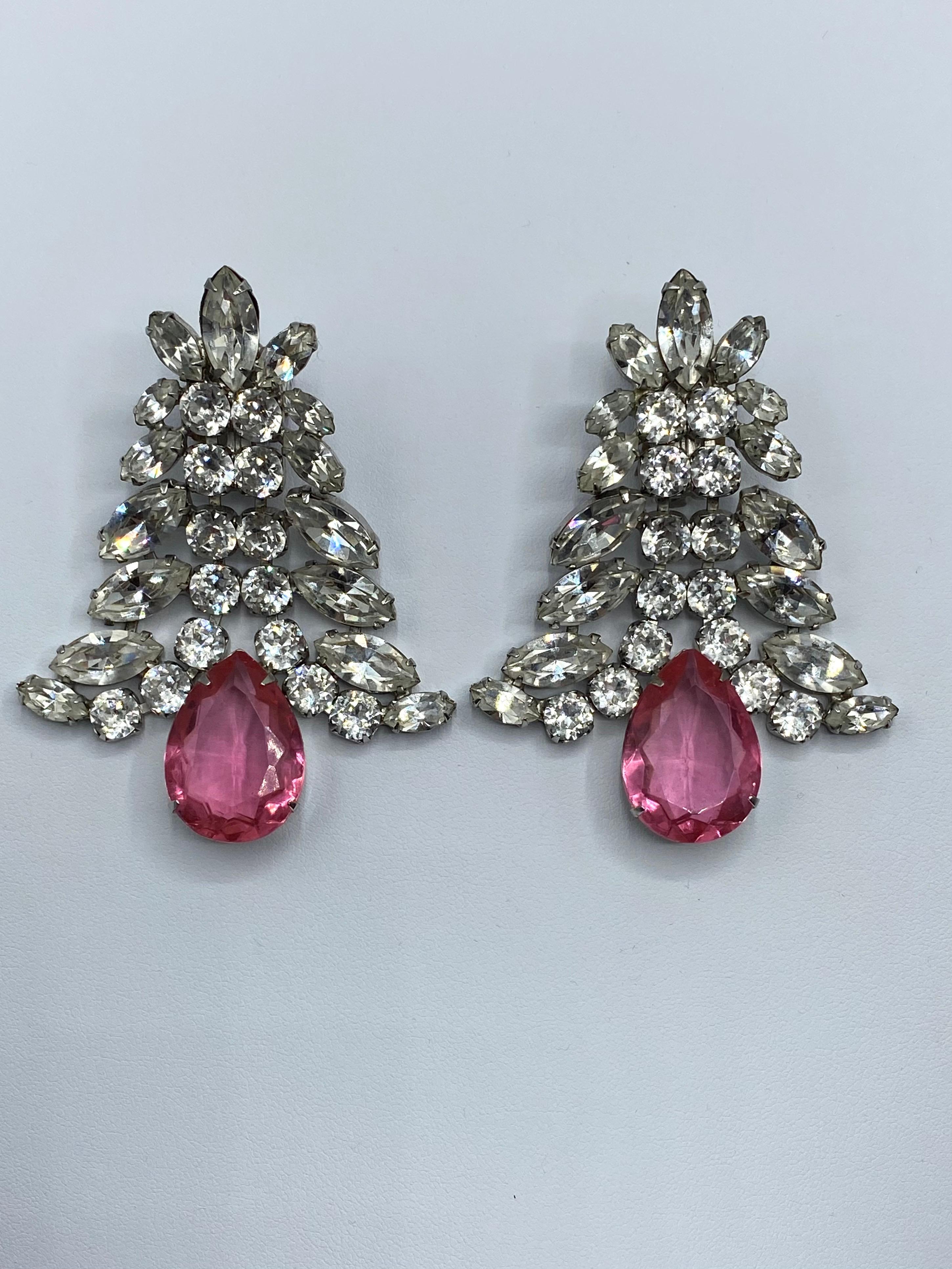 1980s Large Round and Marquise Rhinestone Earrings with Pink Crystal Stone 11