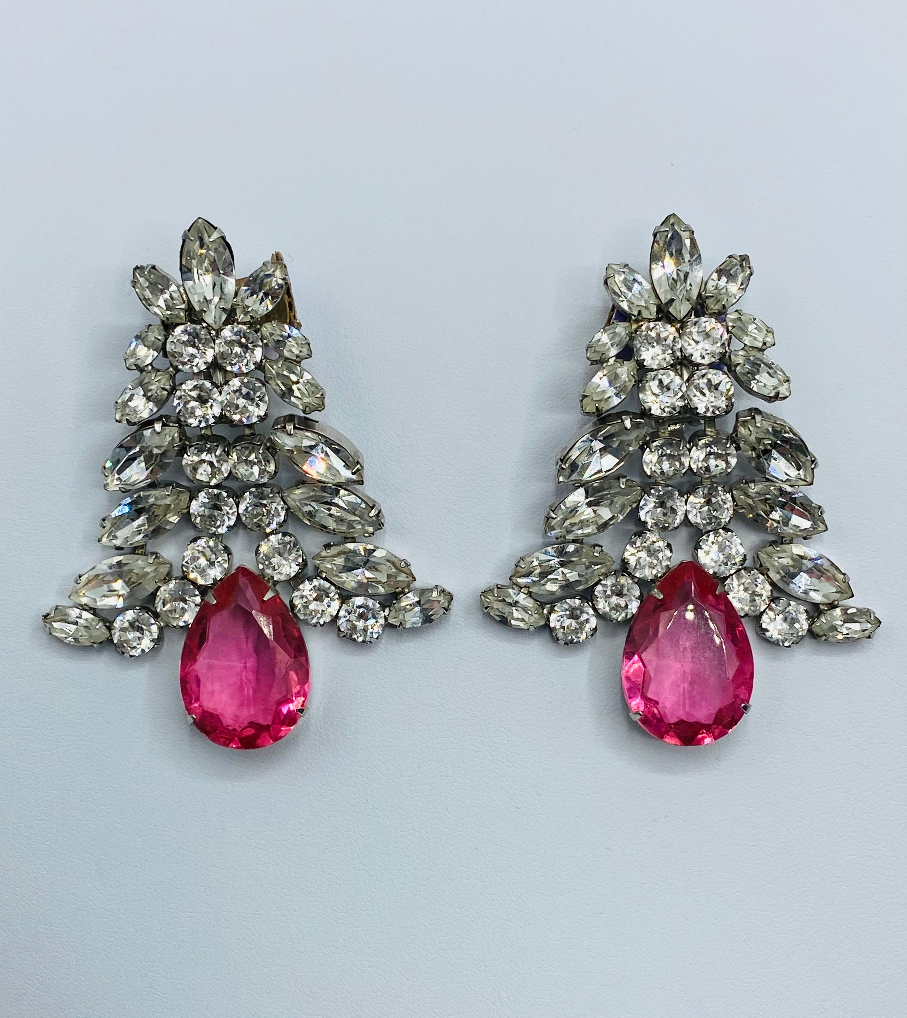 1980s Large Round and Marquise Rhinestone Earrings with Pink Crystal Stone 12